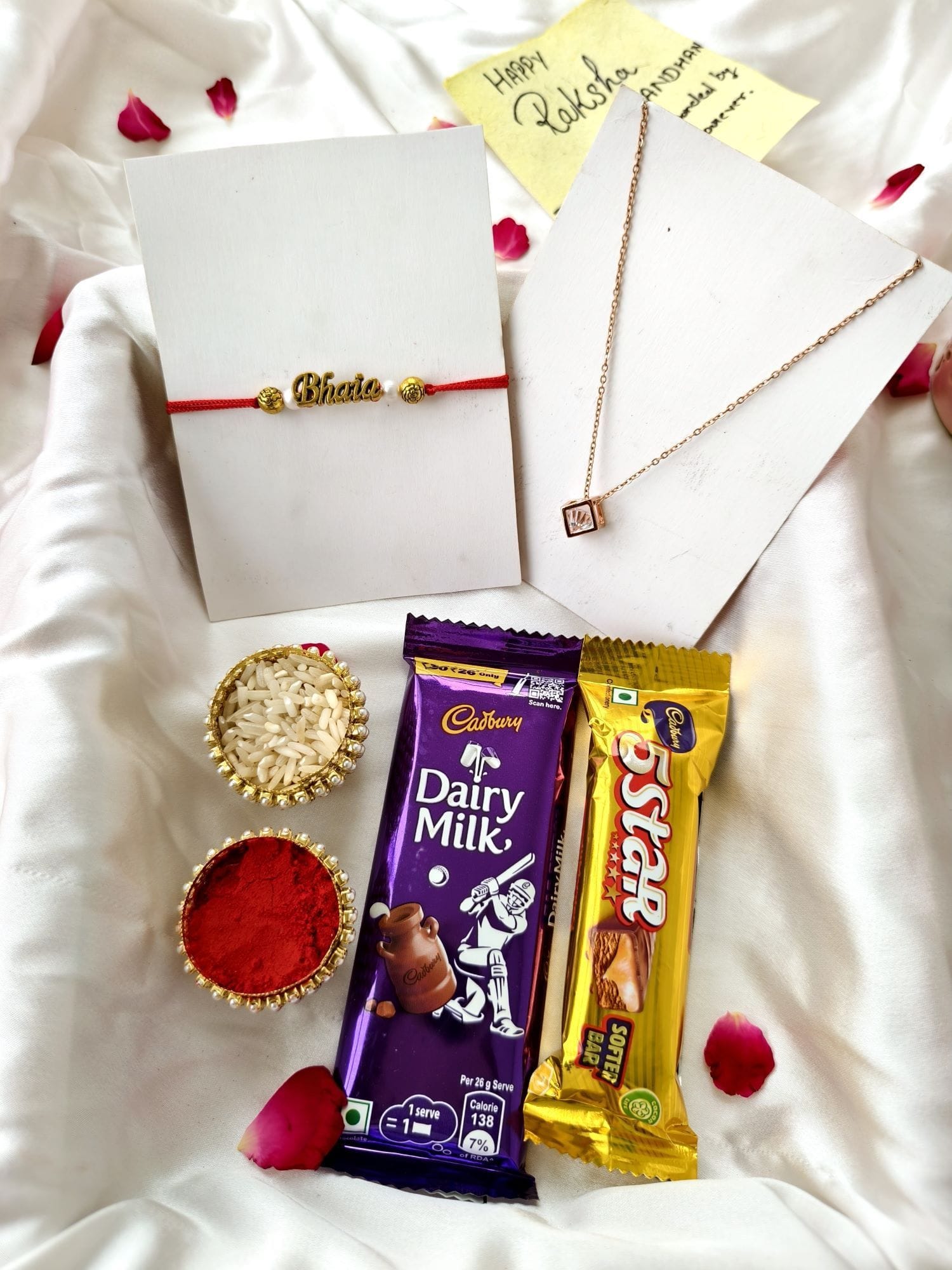 Handmade Rakhi Hamper with Chocolate & Rose Gold Pendant