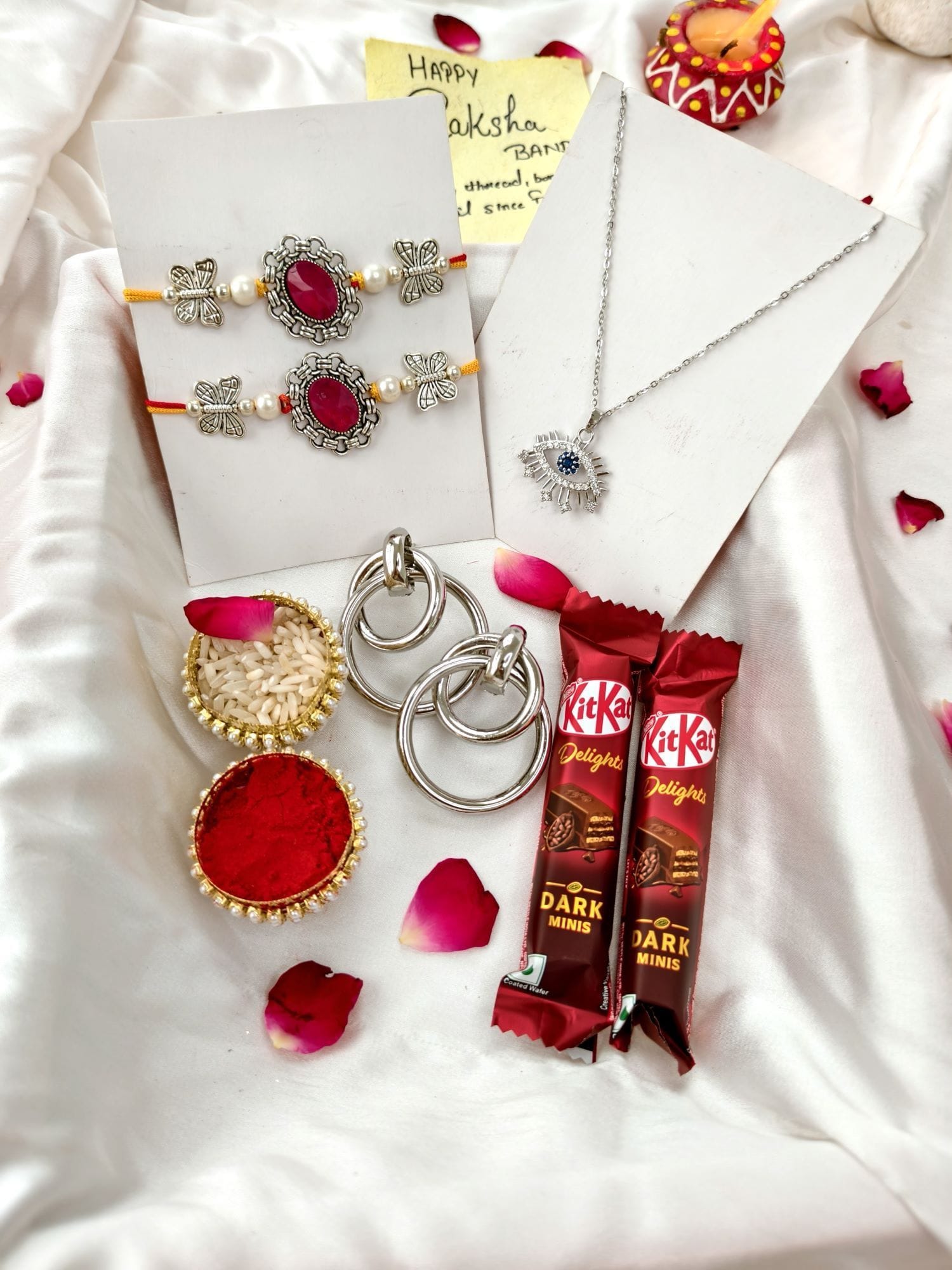 Red Stone Silver Rakhi Hamper with Chocolate