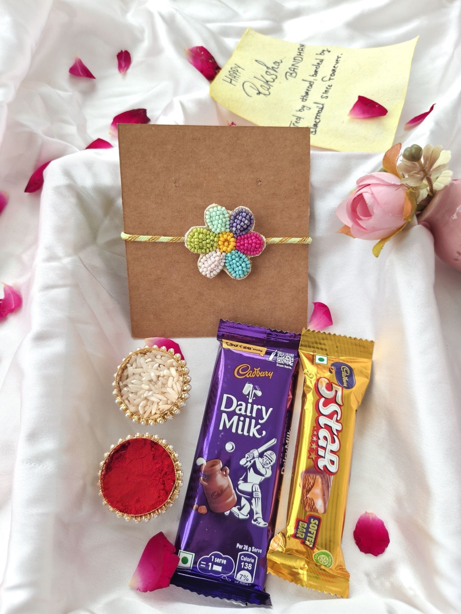 Handmade Cute Flower Rakhi Hamper with KitKat