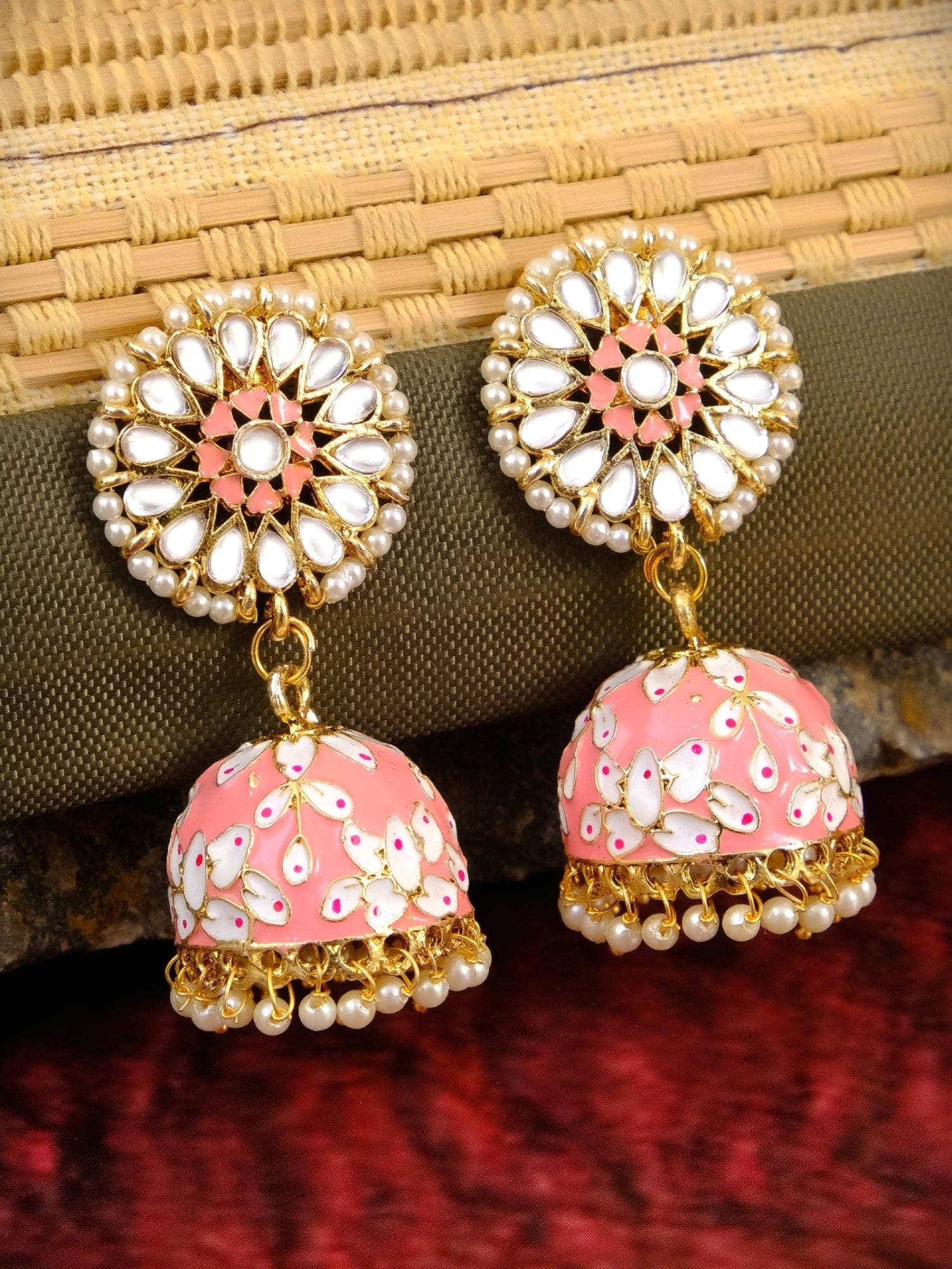 Women's Designer Meenakari Kundan Gold Plated Jhumka Earrings in Pink