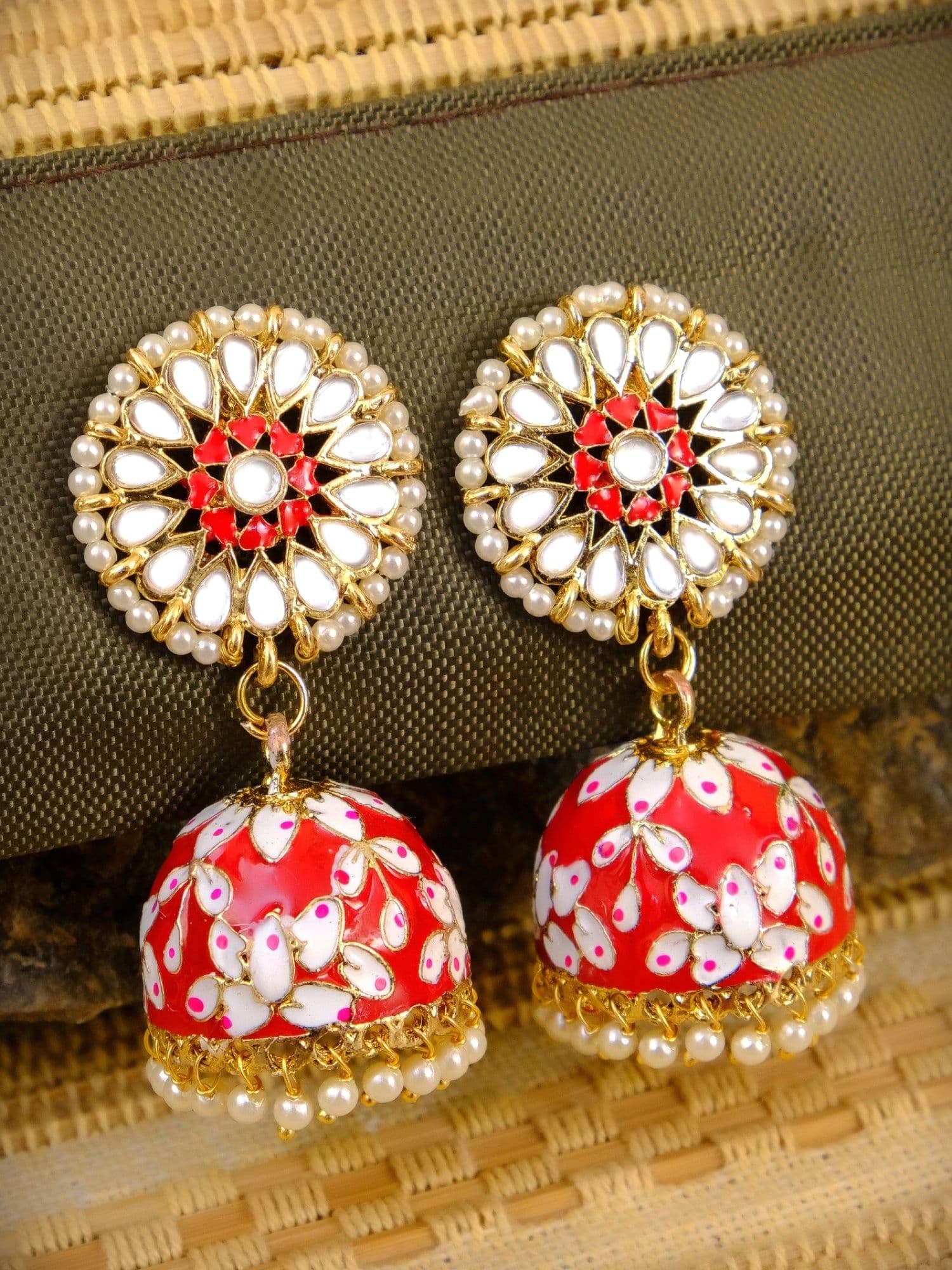 Beaded Red Meenakari Round Jhumka Earrings for Women – Gold Plated Ethnic