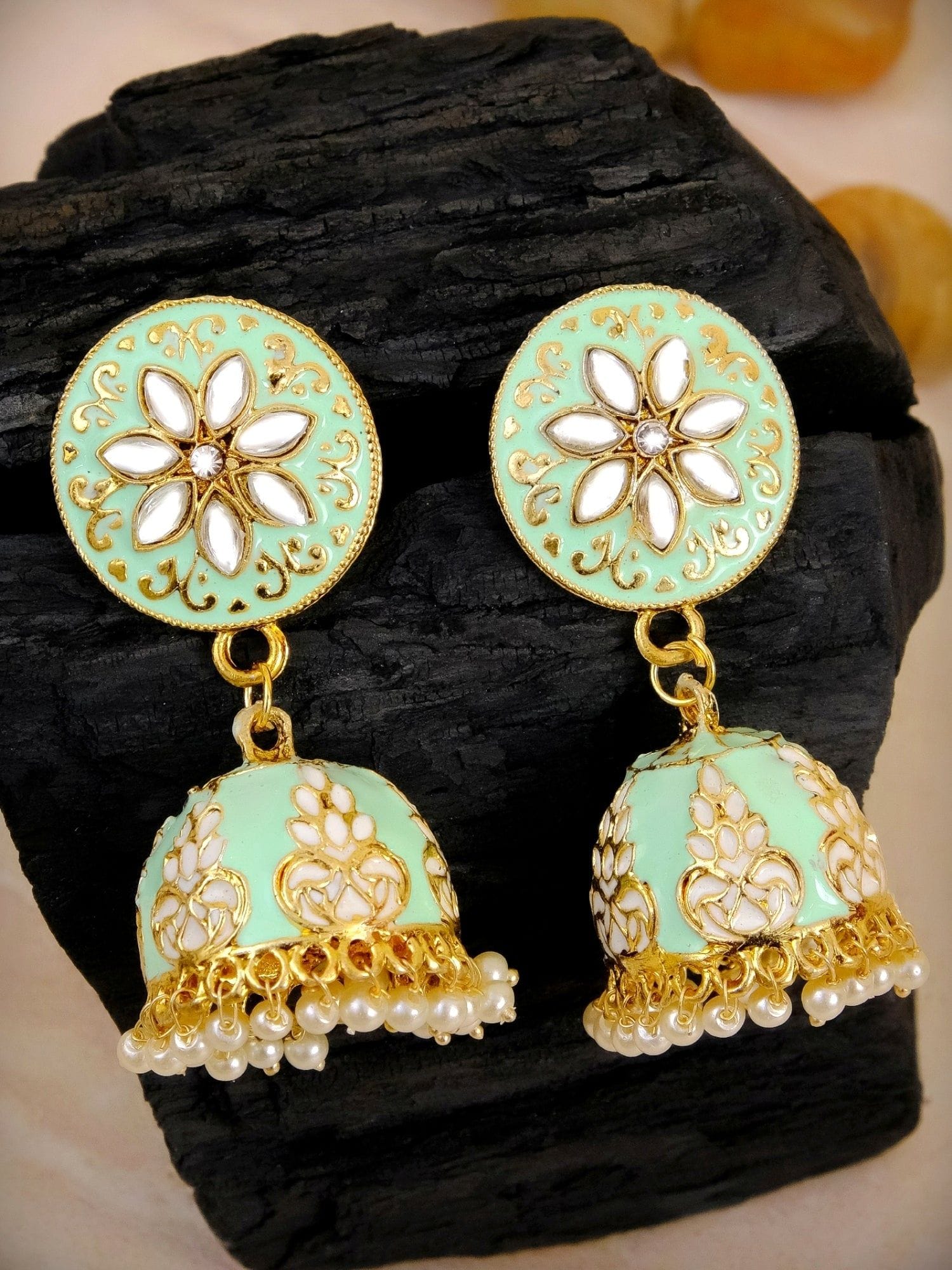 Traditional Gold SeaGreen Meenakari Enamel Floral Kundan Earrings for Women and Girls