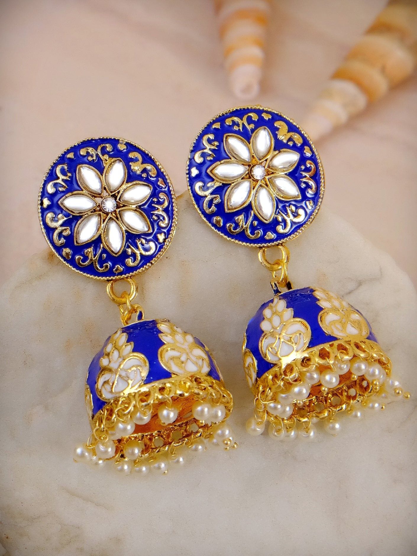 Traditional Gold Plated Jhumka Earrings with Blue Meenakari Enamel & Kundan Floral Design