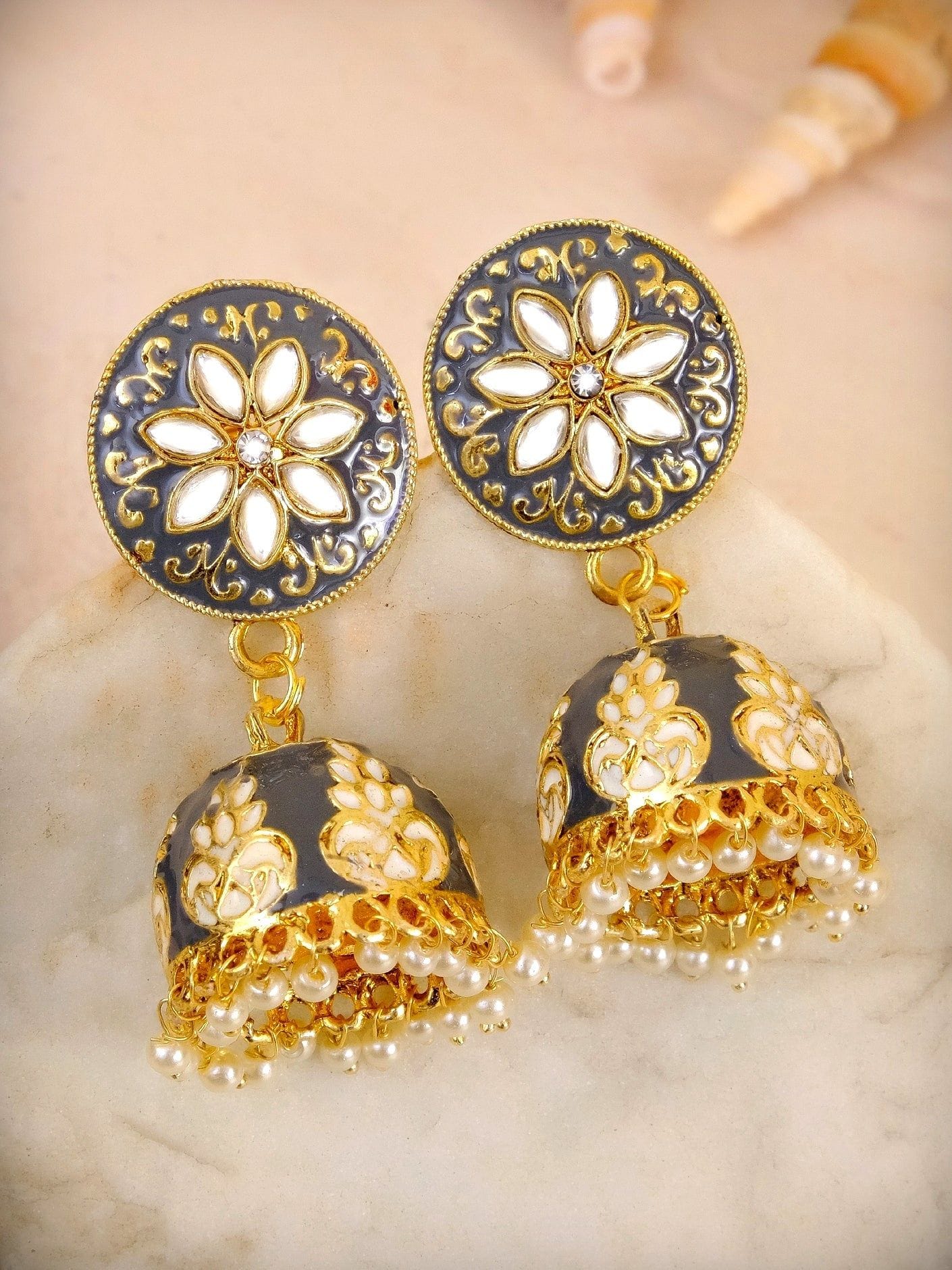 Traditional Gold Plated Grey Meenakari Enamel Floral Kundan Earrings - Sophisticated Jhumka Design