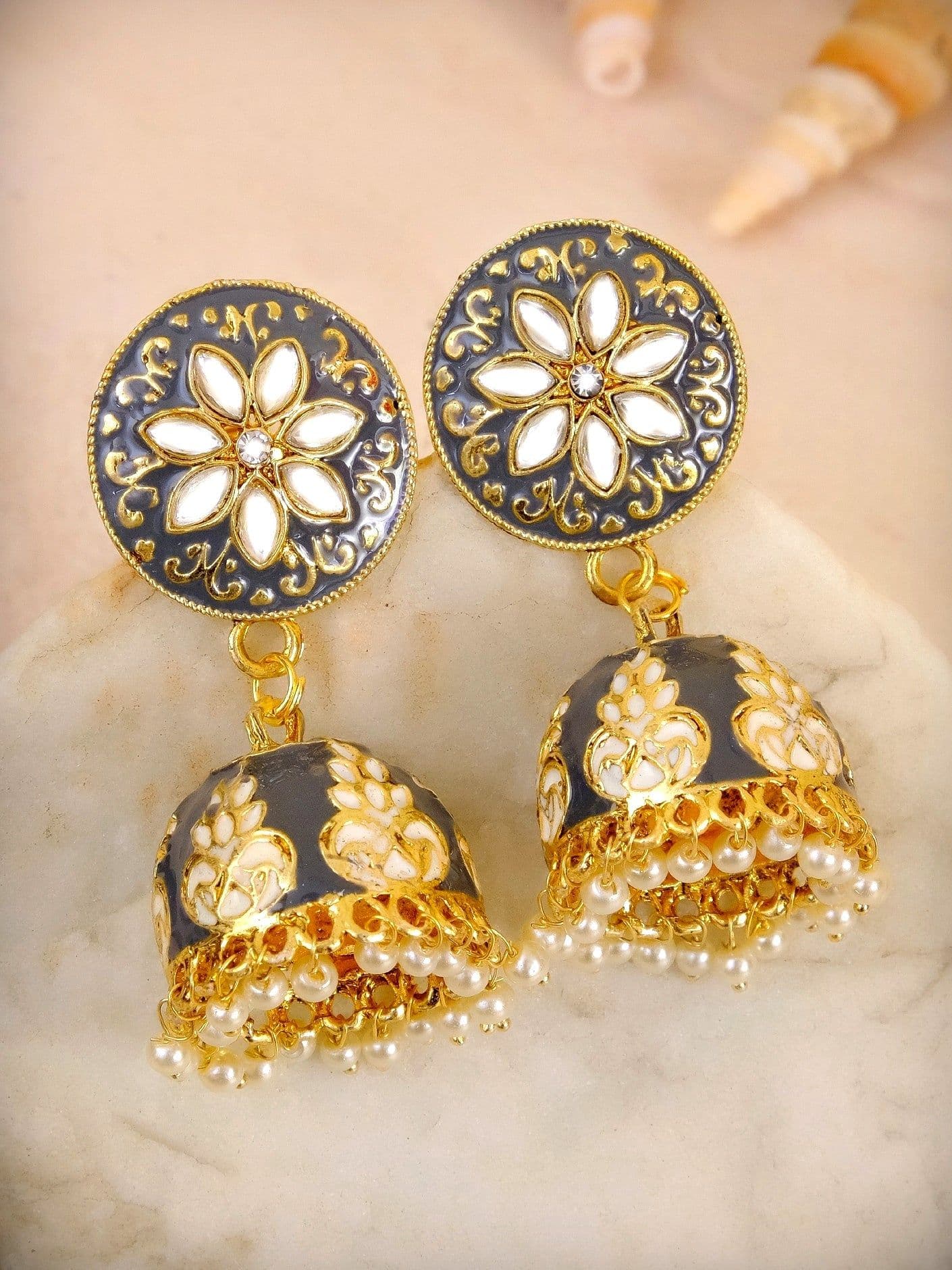 Traditional Gold Plated Grey Meenakari Enamel Floral Kundan Earrings - Sophisticated Jhumka Design
