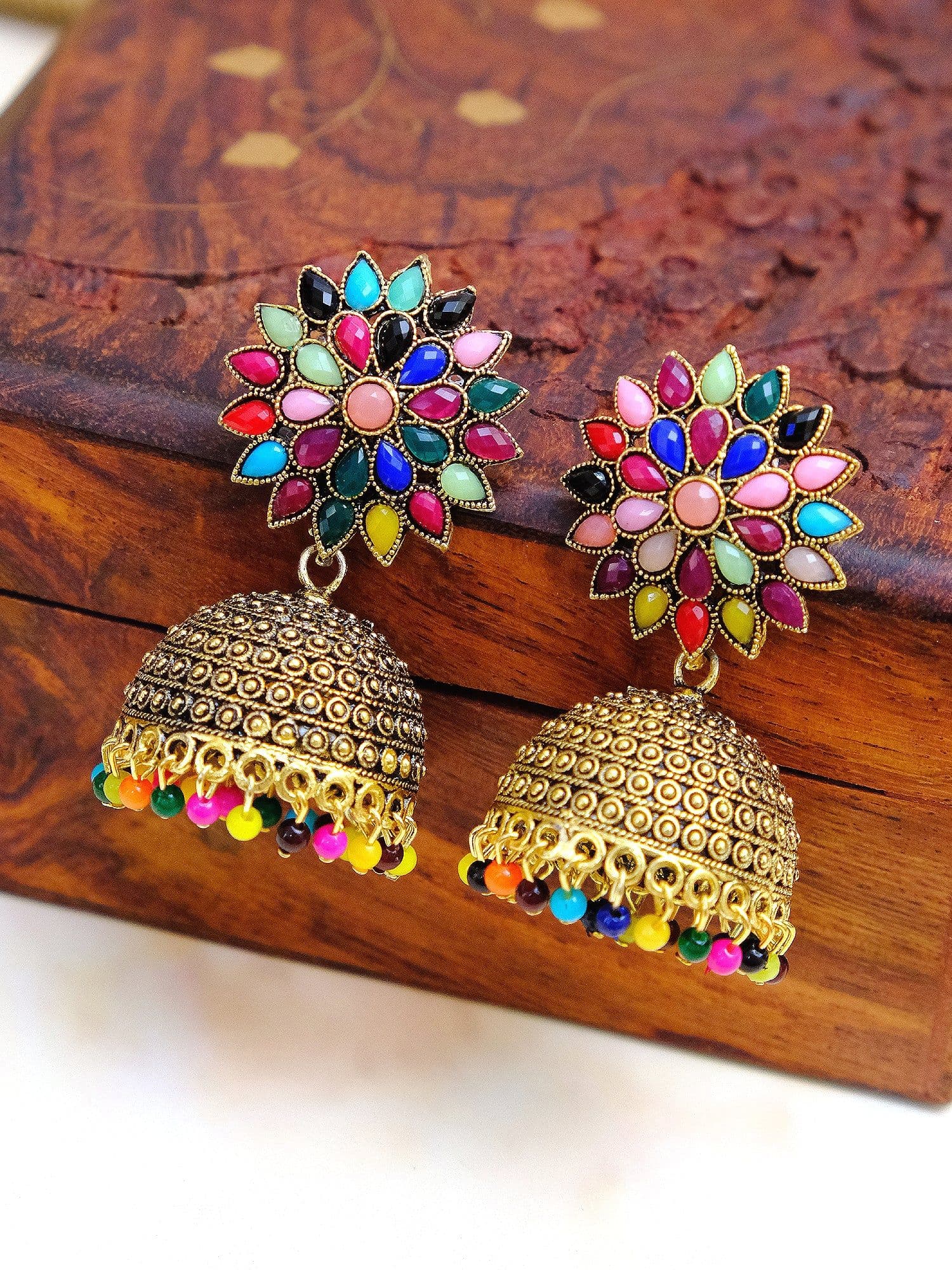 Oxidized German Gold-Plated Bridal Jhumka Earrings with White Stones