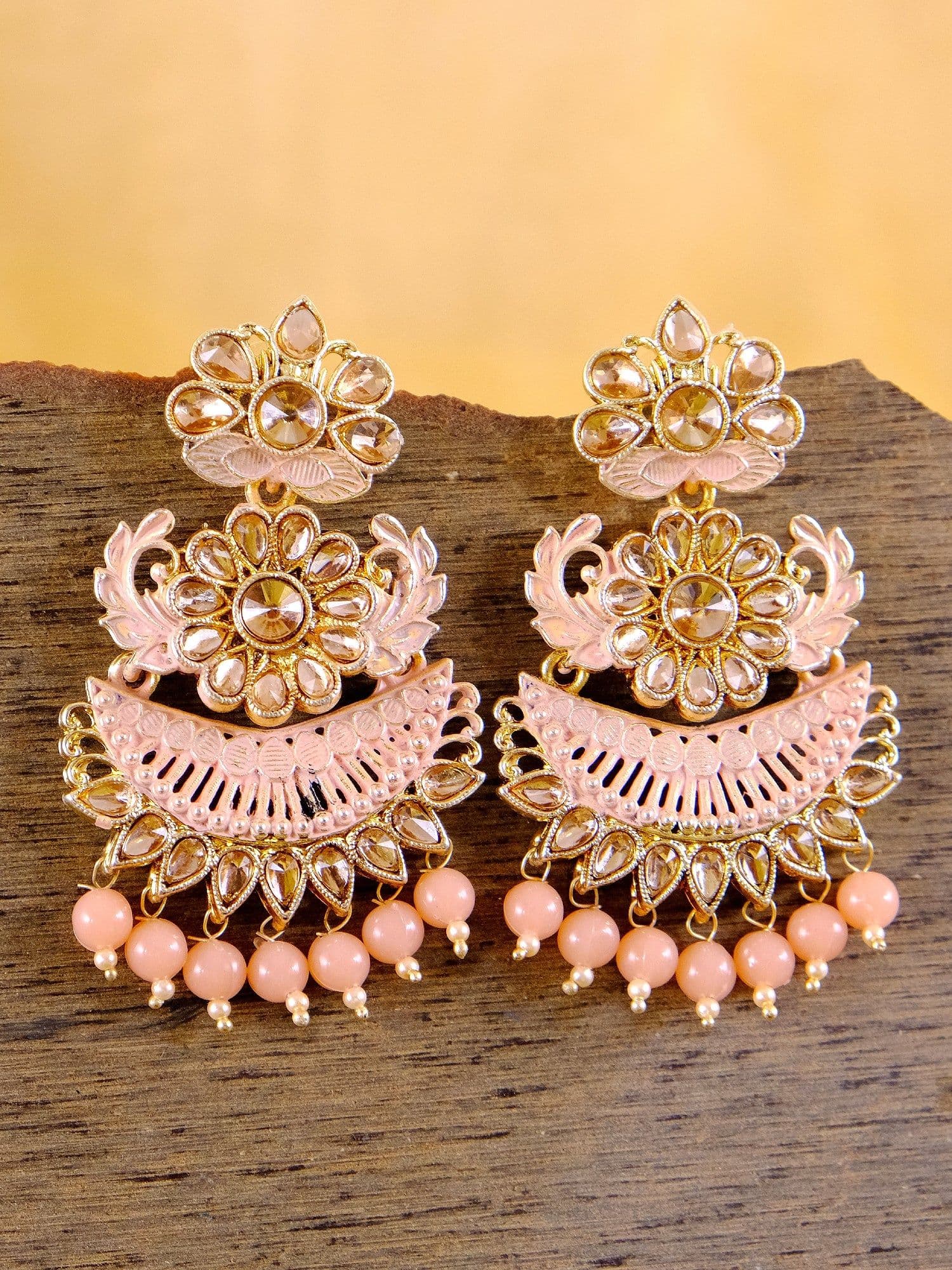 Fashionable Peach Asym. Alloy & Stone Drop Earrings