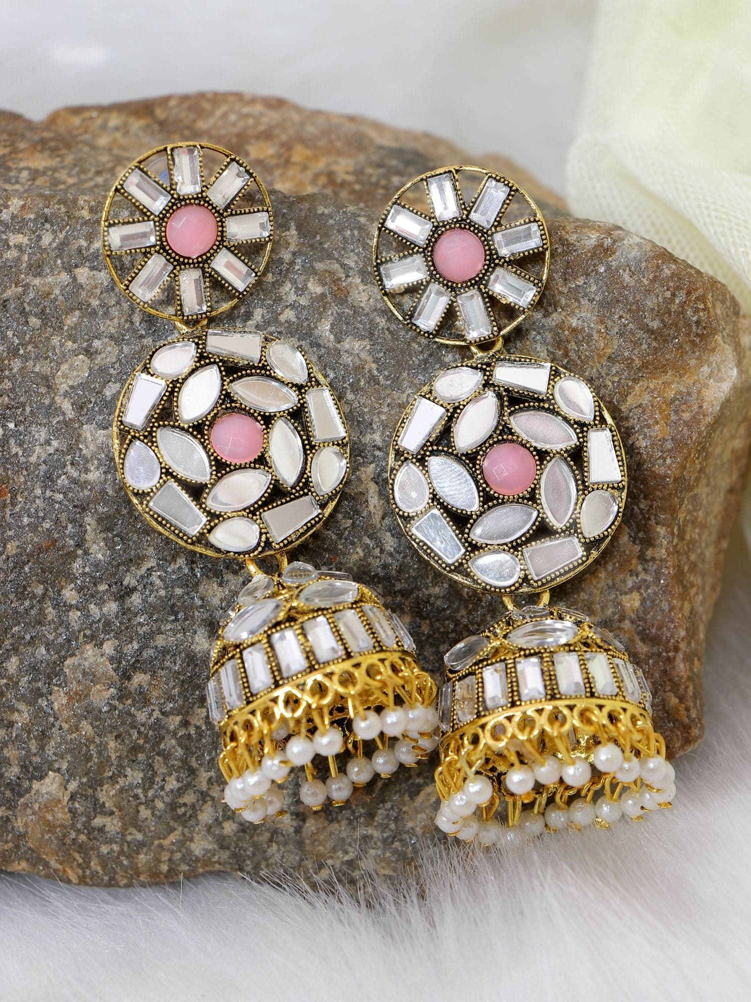 Light Pink Asymmetric Long Jhumka Ethnic Earrings with Mirror Work and White Pearls