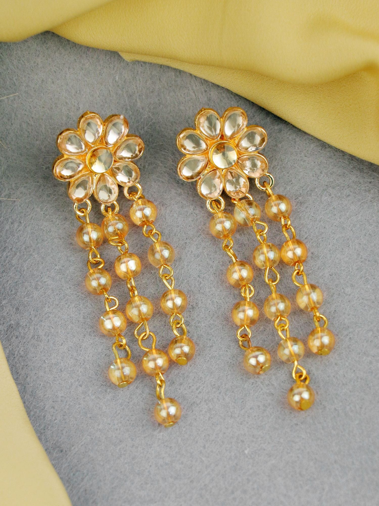 Traditional Flower-Shaped Gold Asymmetric Long Earrings for Girls & Women