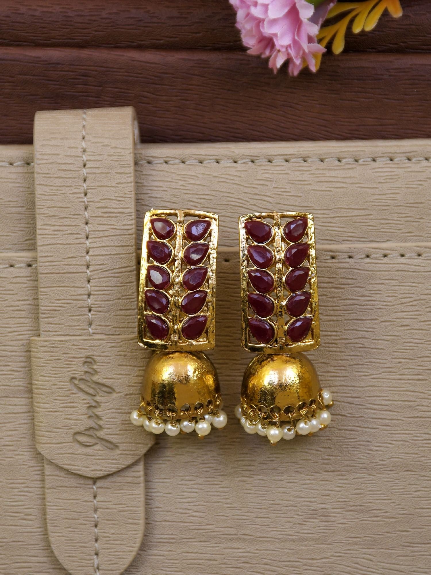 Graceful Maroon Splendor - Gold-Plated Jhumka Earrings for Trendy Women