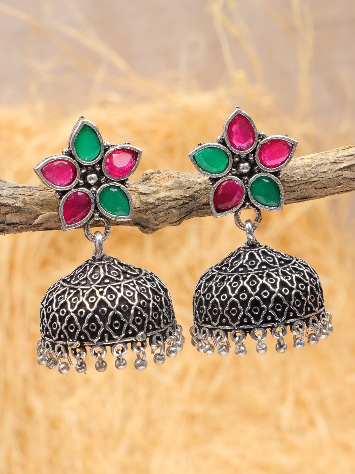 Meher Indian Oxidised Silver Jhumki Earrings