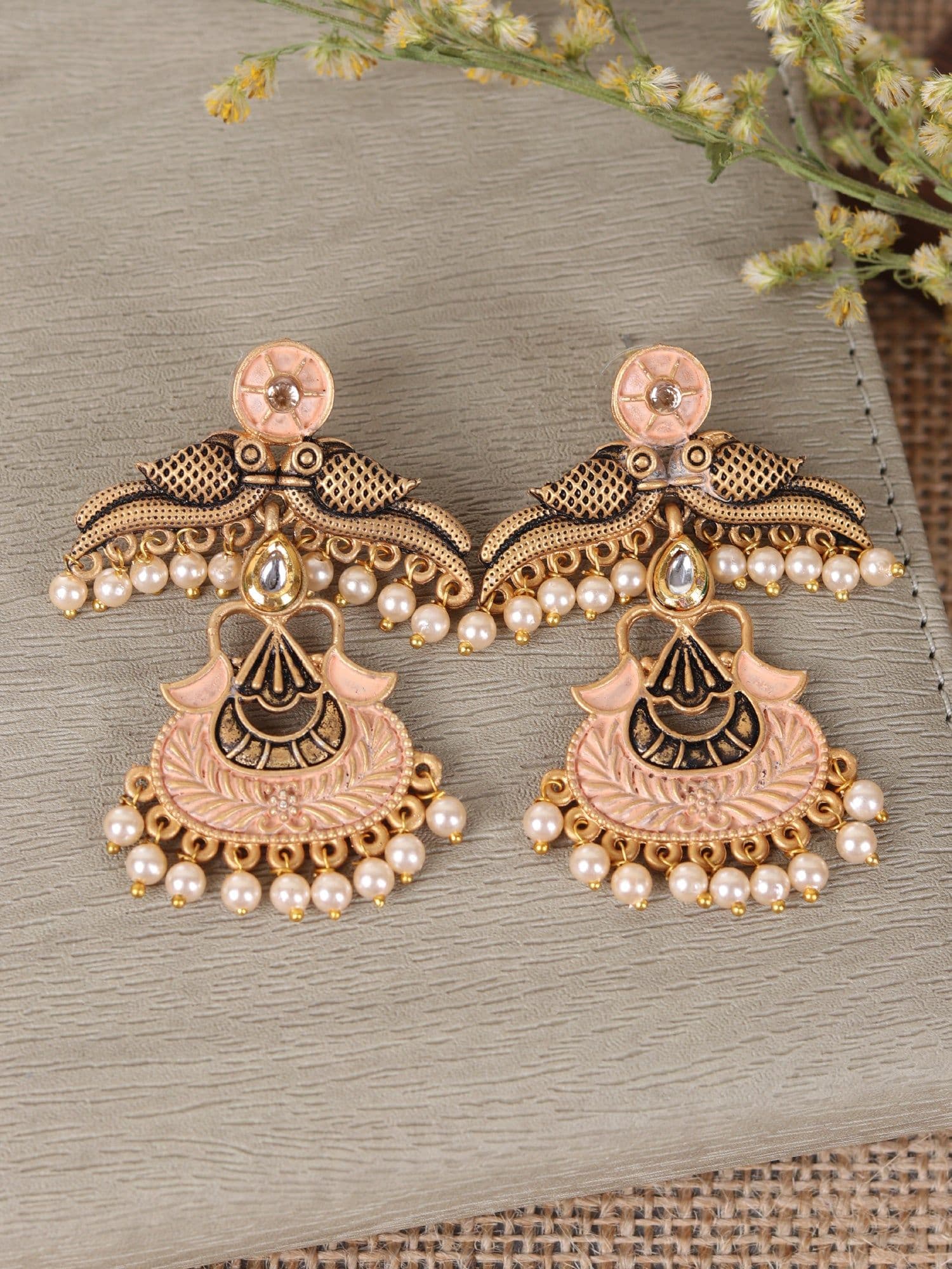 Gold Plated Peach Peacock Pearl Drop Earrings