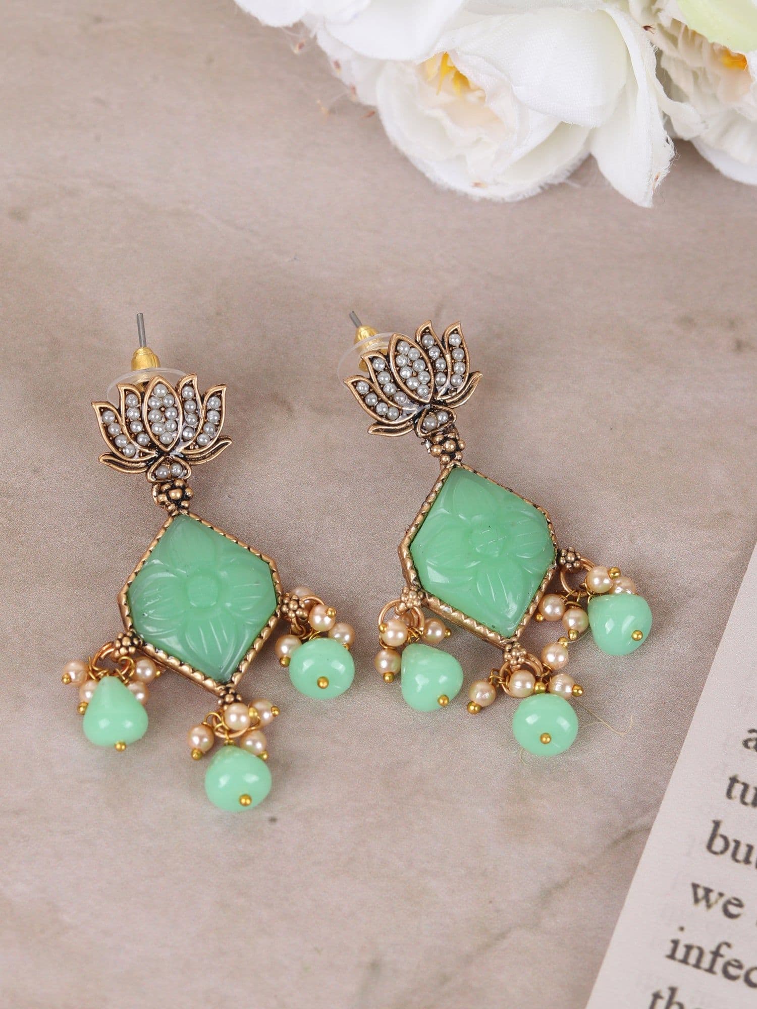 Elegant Lotus Stud Flower Engraving Dangler Earrings for Women and Girls