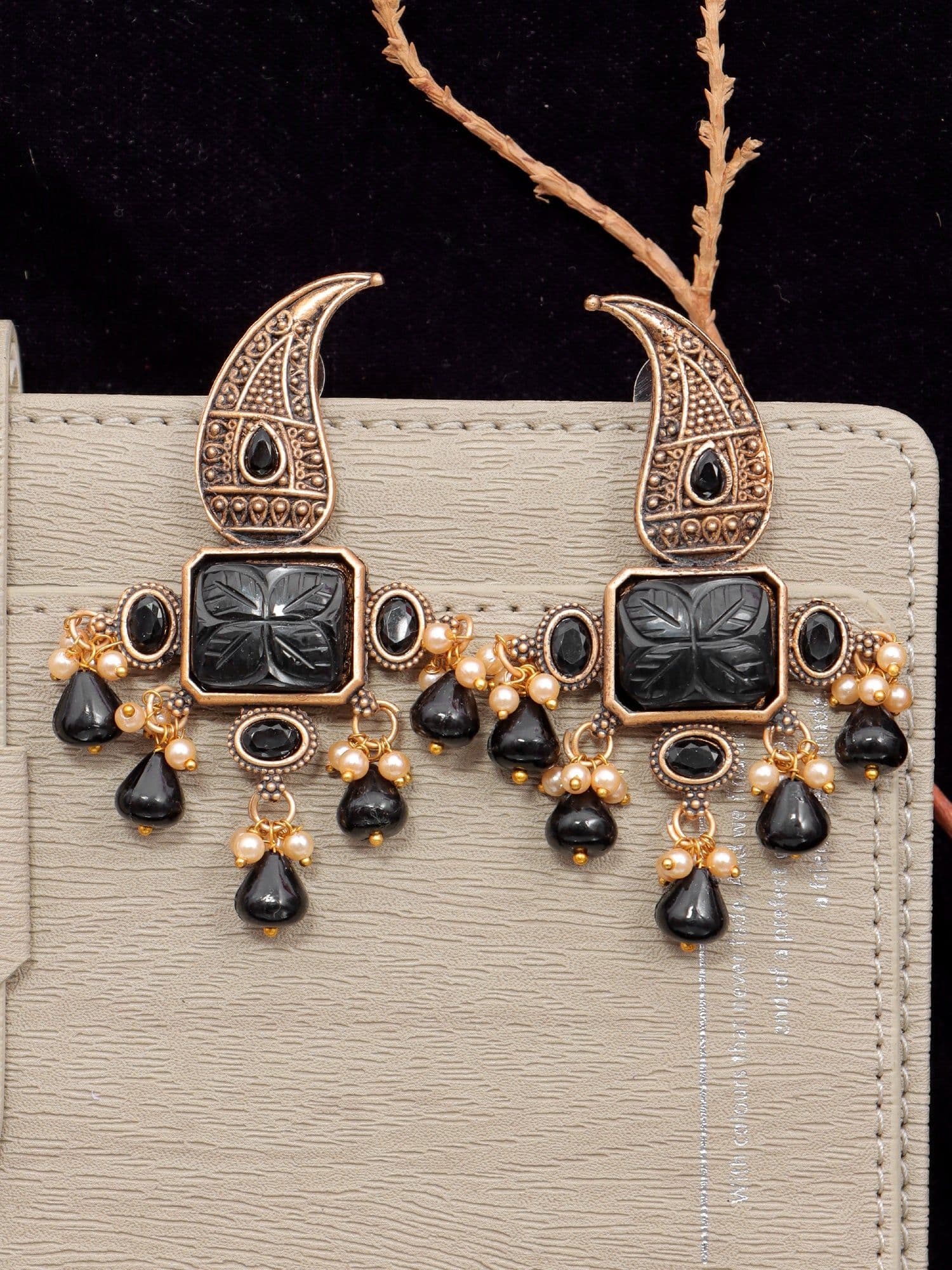 Black Oxidized Gold Drop Earrings for Women, Ethnic Dangle Jewelry