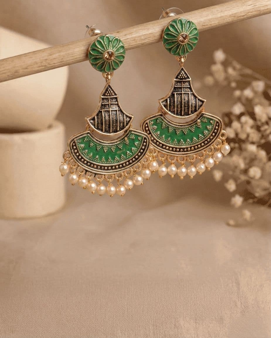 Green Gold-Plated Meenakari Pearl Drop Dangler Earrings for Women & Girls