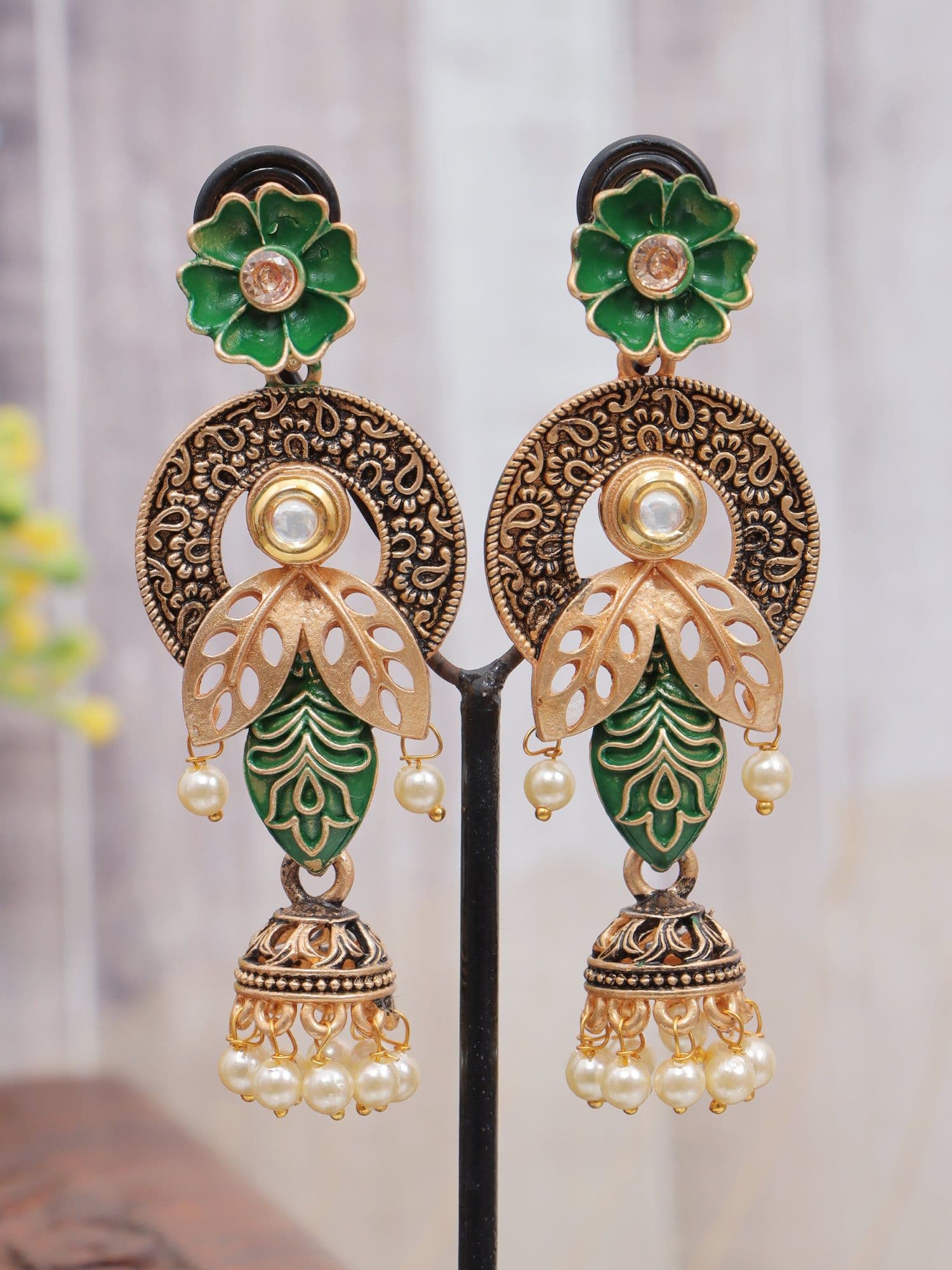 Green Gold-Plated Beaded Jhumki Earrings – Handmade Ethnic Jhumka for Women & Girls