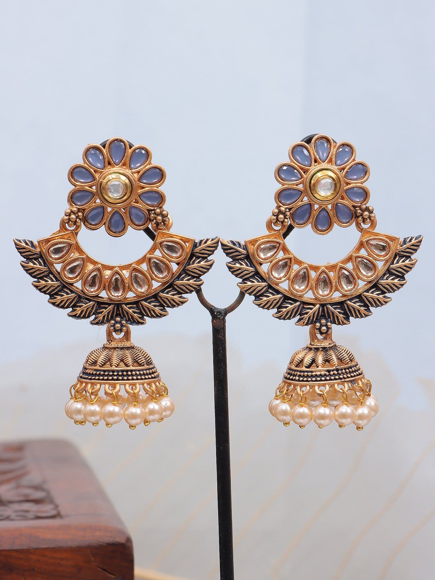 Handmade Beaded Gold-Tone Leaf Meenakari Jhumka Earrings for Girls