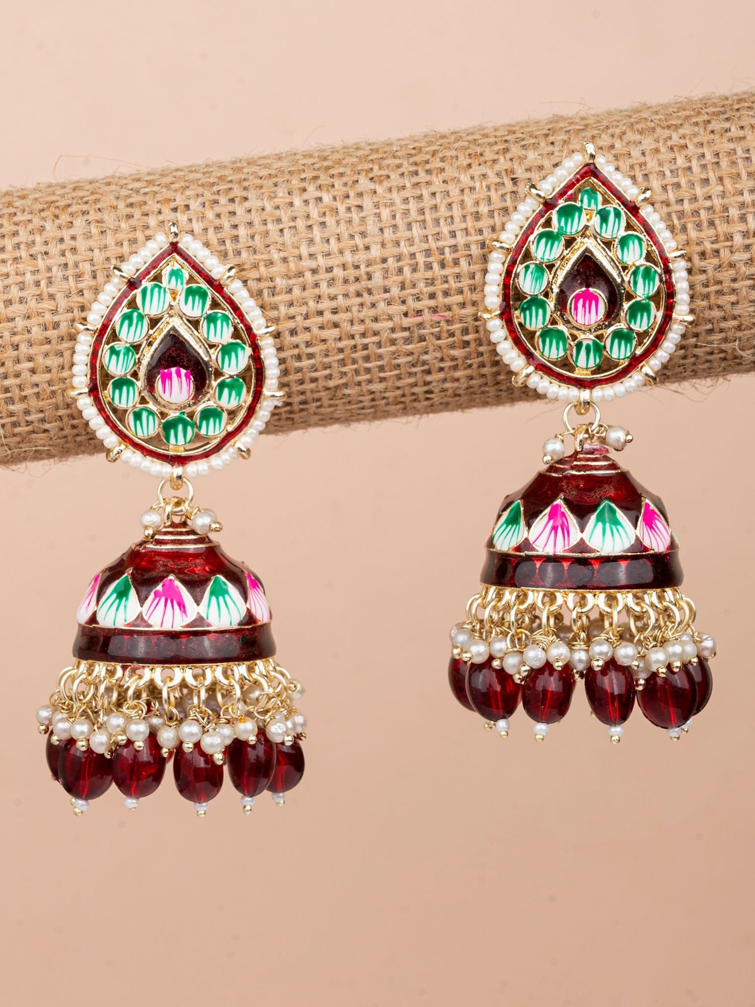Ethnic Maroon Meenakari Jhumka Drop Earrings with Moti Work for Traditional Events
