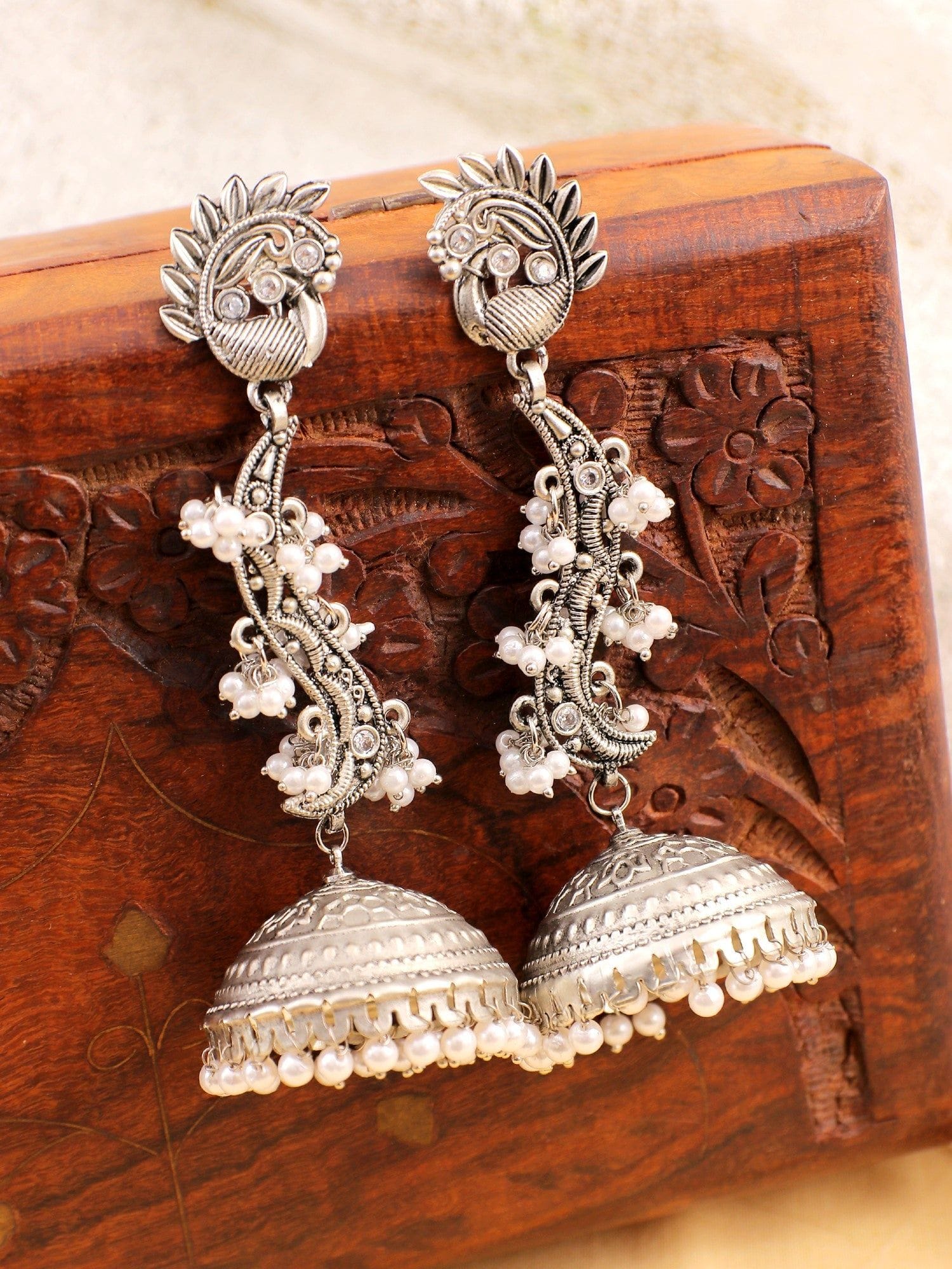 Oxidized Silver Jhumka Earrings with Pearl Drops for Women