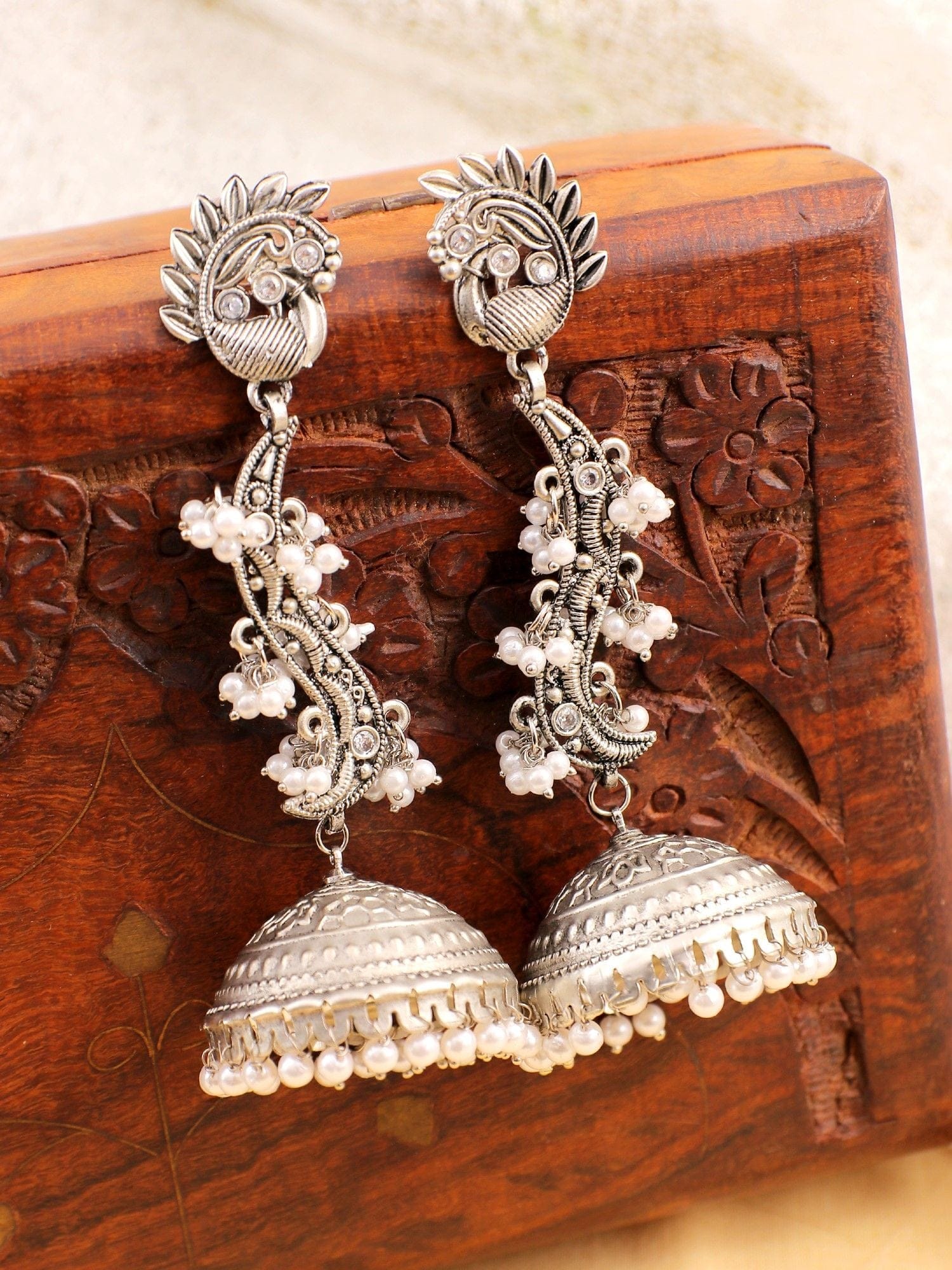 Ethnic Oxidized Silver Long Party Wear Boho Jhumka Earrings for Women