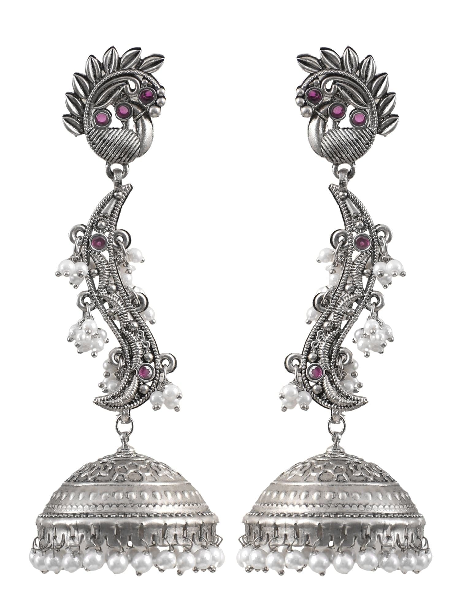 Oxidized Silver Jhumka Earrings with Pearl Drops for Women