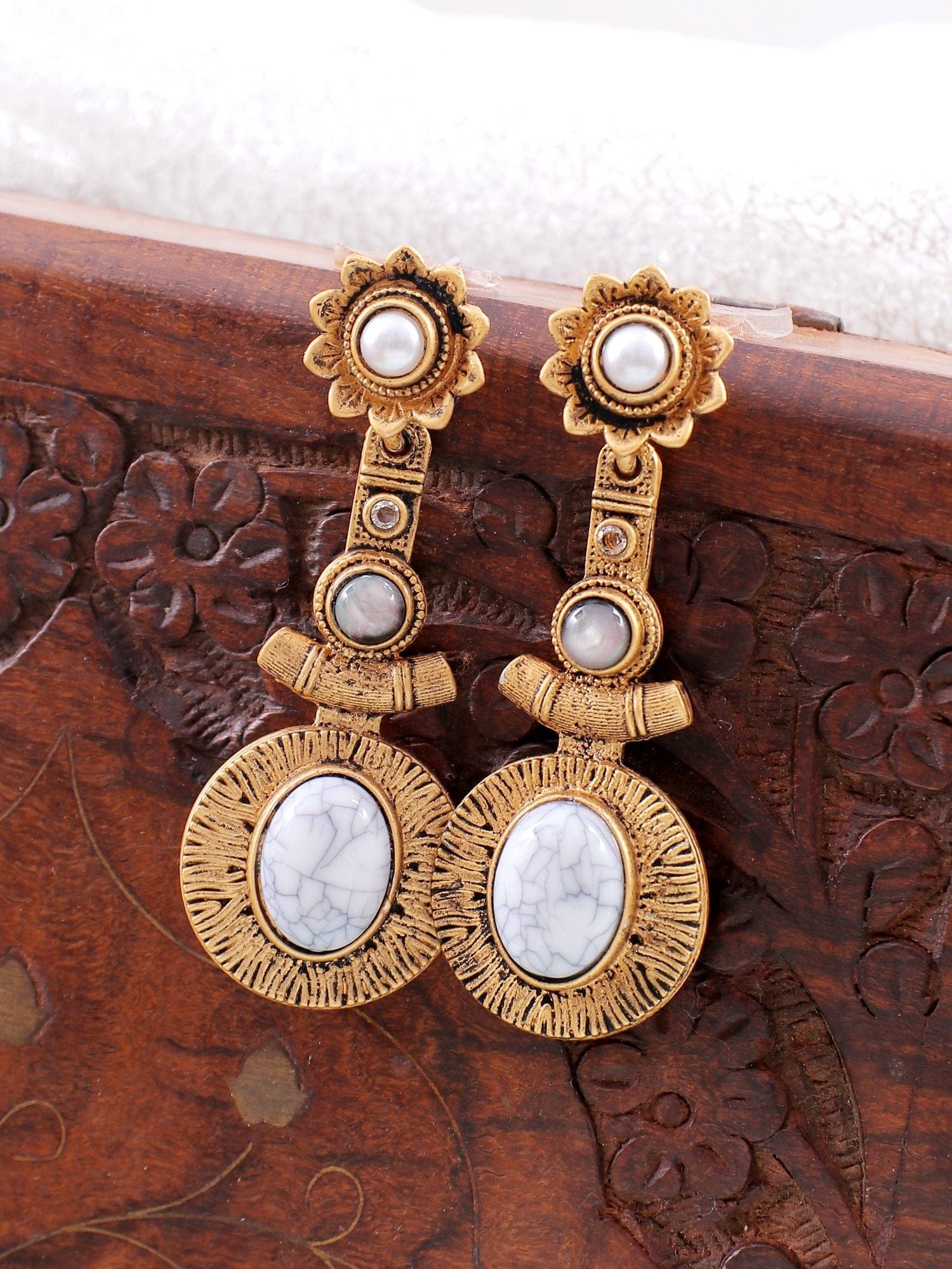 Chic Ornate Oxidized Gold Drop Earrings with Natural Stones for Fashion Forward Women