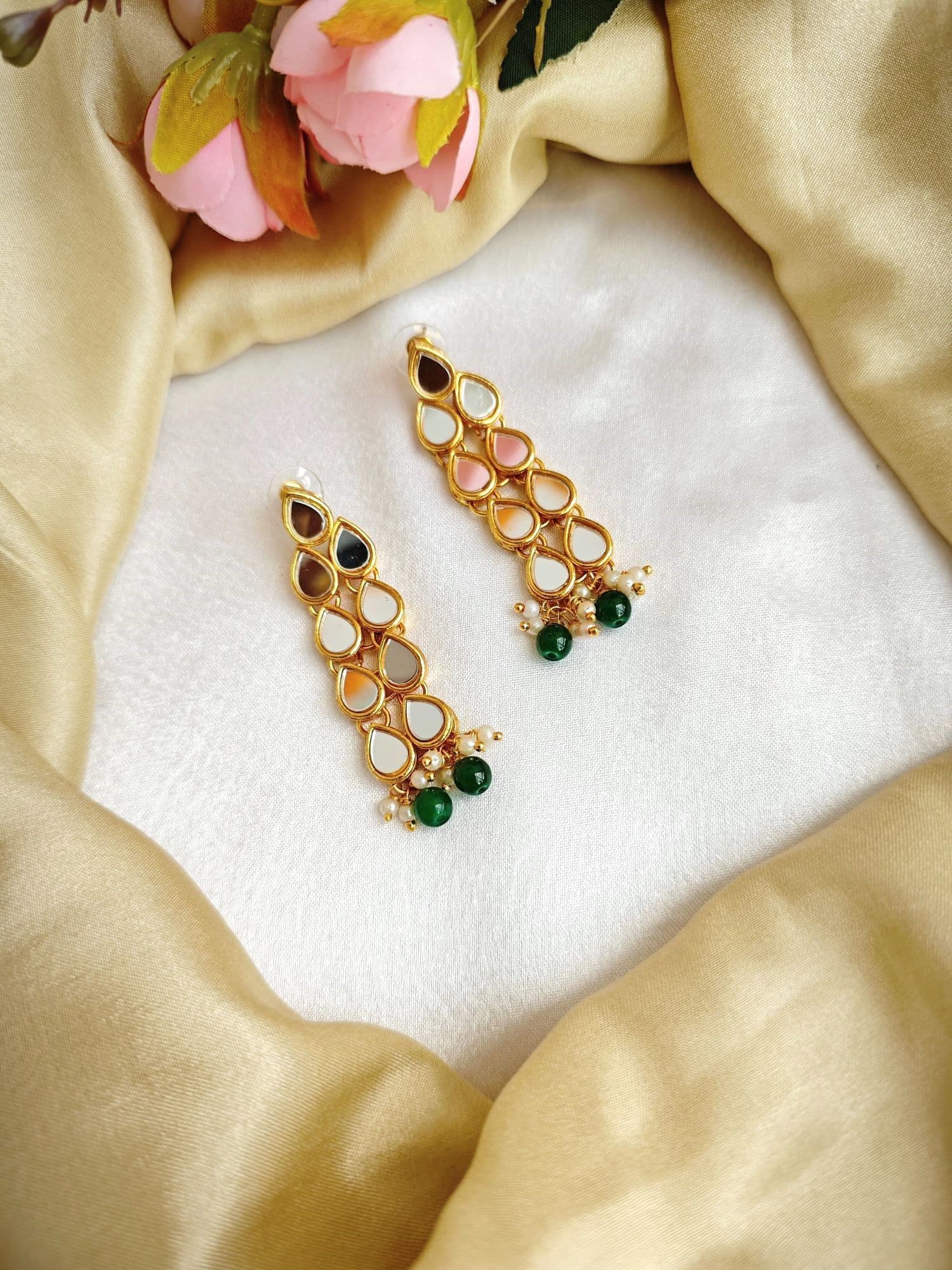 Green Pearl Kundan Party Wear Long Earrings for Women