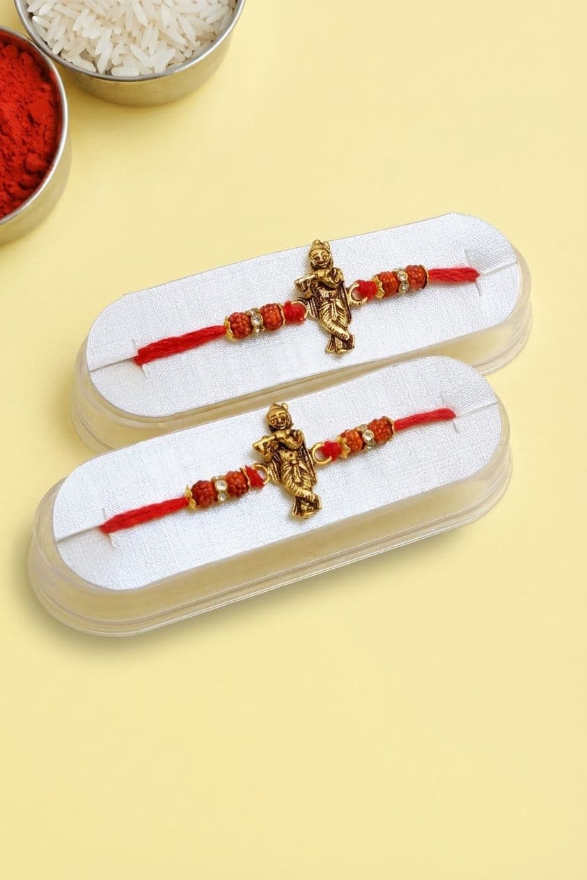 Shri Krishna Raksha Sutra Alloy & Crystal Rakhi + Roli Chawal for Delivery