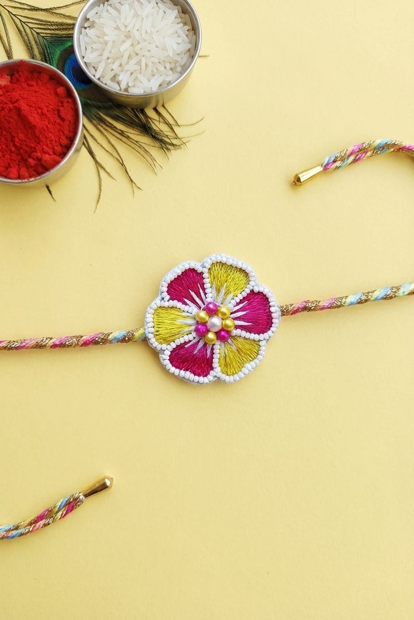 2026 Unique Handmade Designer Rakhi for Brothers in Yellow and Pink