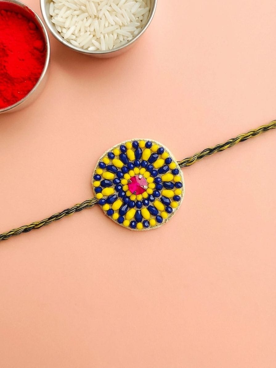 Beaded Blue-Yellow Rakhi 2026 for Brother - Shop Online & Best Bro Rakhi