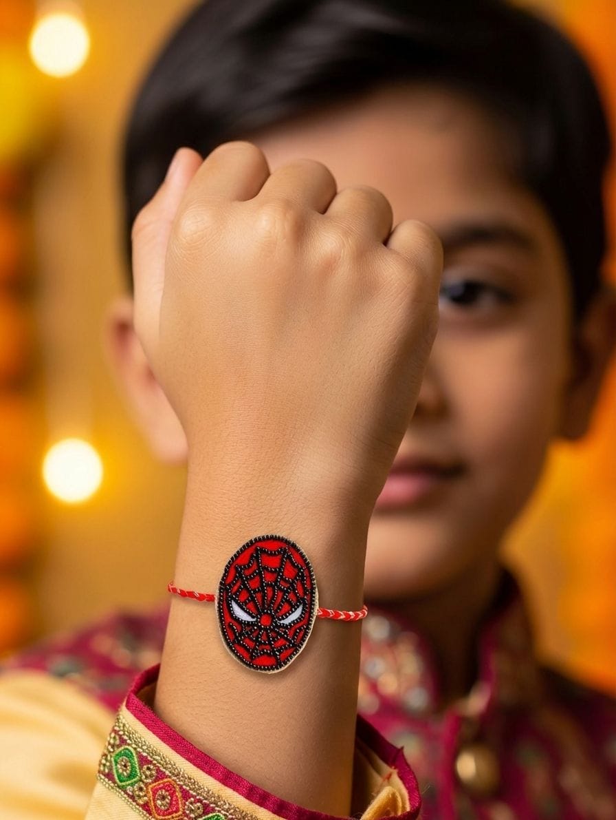 Brother's Delight Pink Beaded Spider-Man Captain America Rakhi for Kids