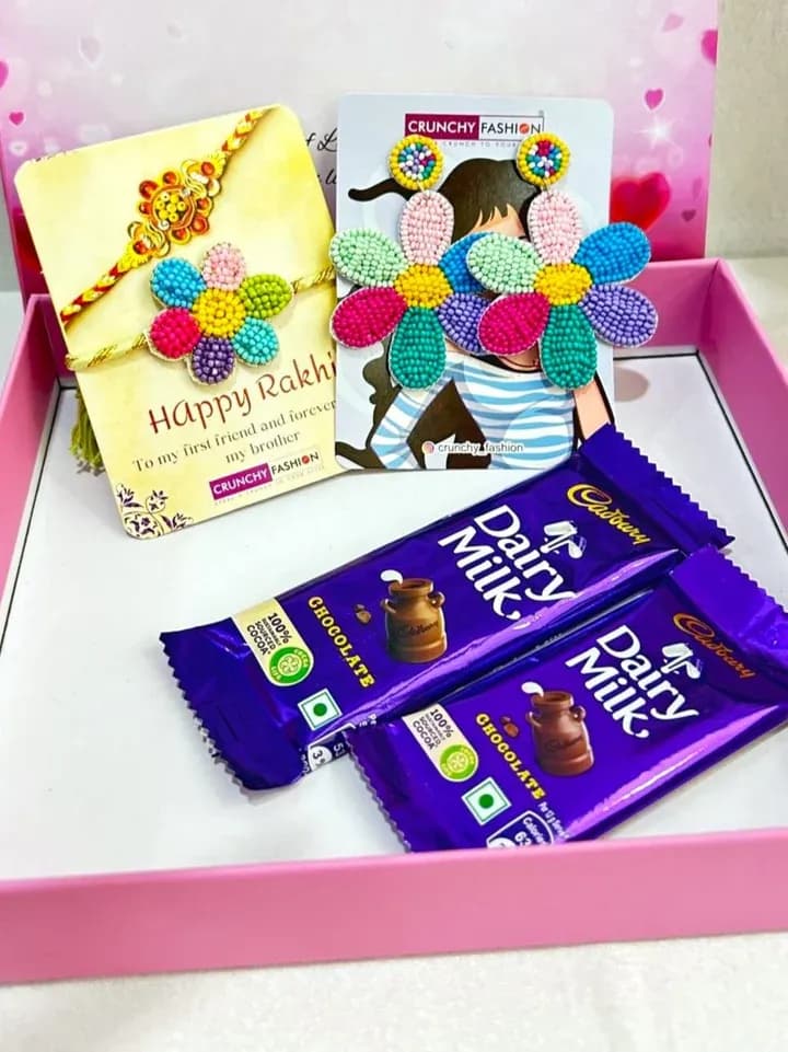 Blossom Bliss: Rakhi & Beaded Earrings Gift for Sisters