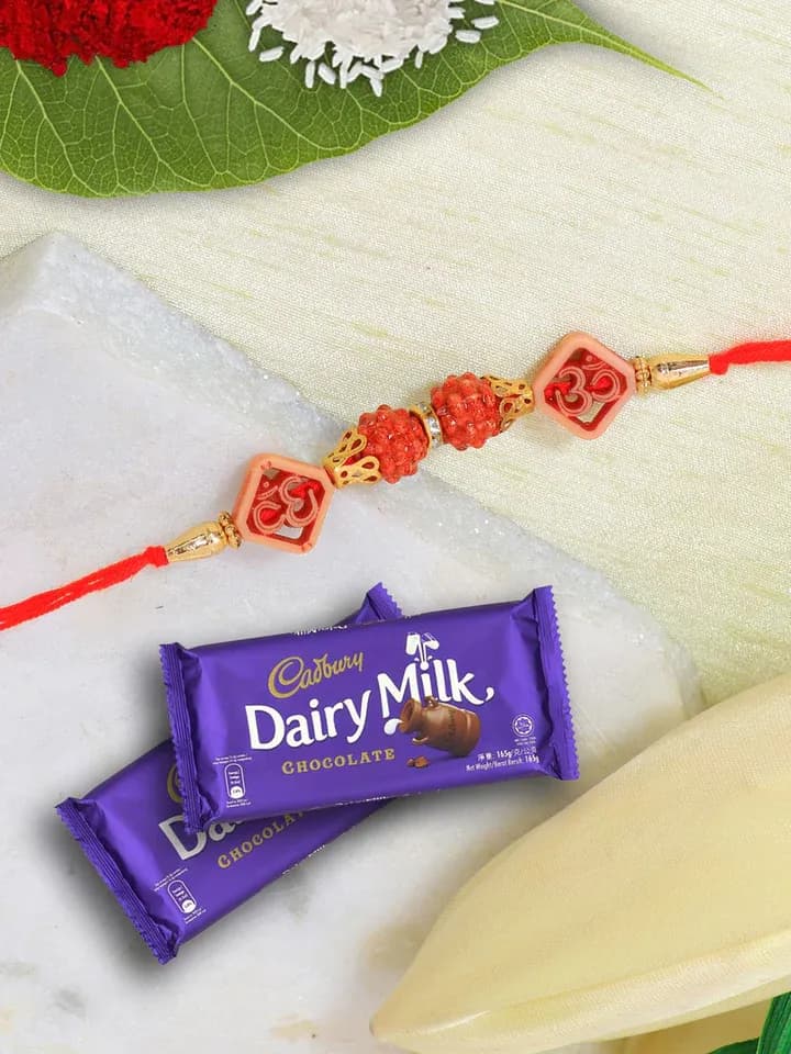Om Rudraksha Rakhi & Dairy Milk Gift Set for Dear Bros