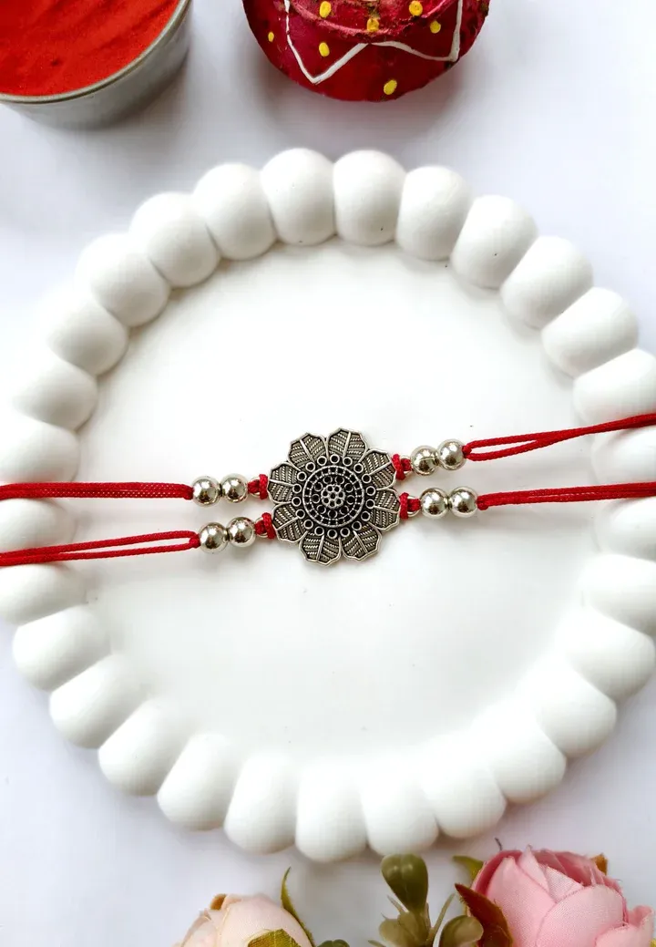 Oxidised Silver Flower Rakhi for Brother