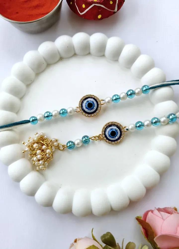 Handcrafted Blue Color Evil Eye Rakhi - A Perfect Couple Rakhi Set