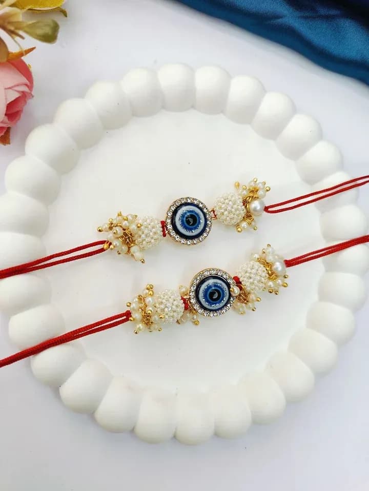 Premium Handmade Evil Eye Rakhi - Blue Pearl Bead for Bhaiya Bhabhi