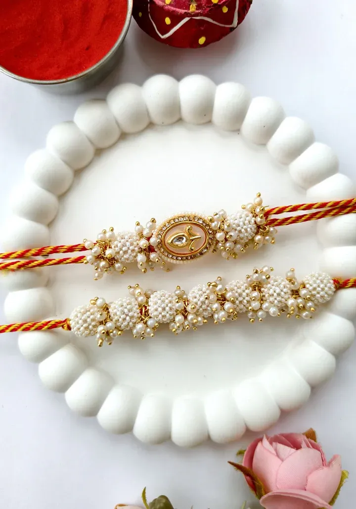 White Pearl Rakhi for Bhaiya Bhabhi