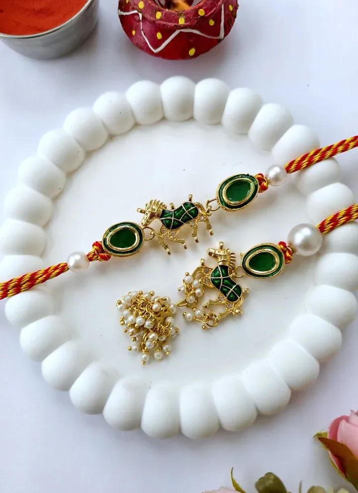 Green Kundan Lumba Rakhi Set for Bhaiya Bhabhi