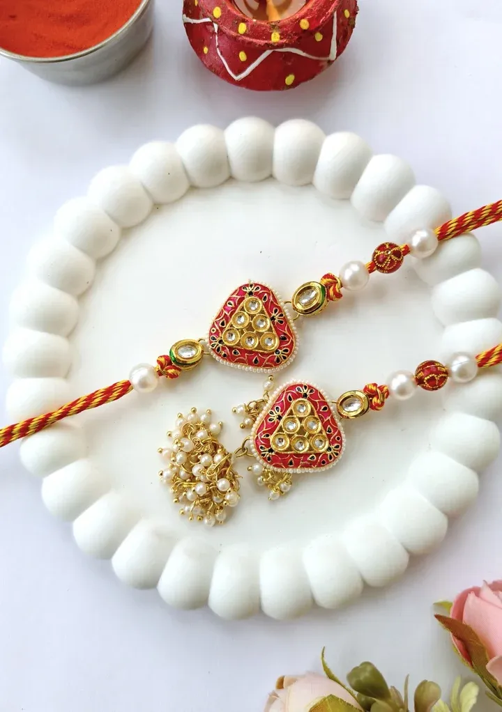 Pink Kundan Lumba Rakhi Set for Bhaiya Bhabhi