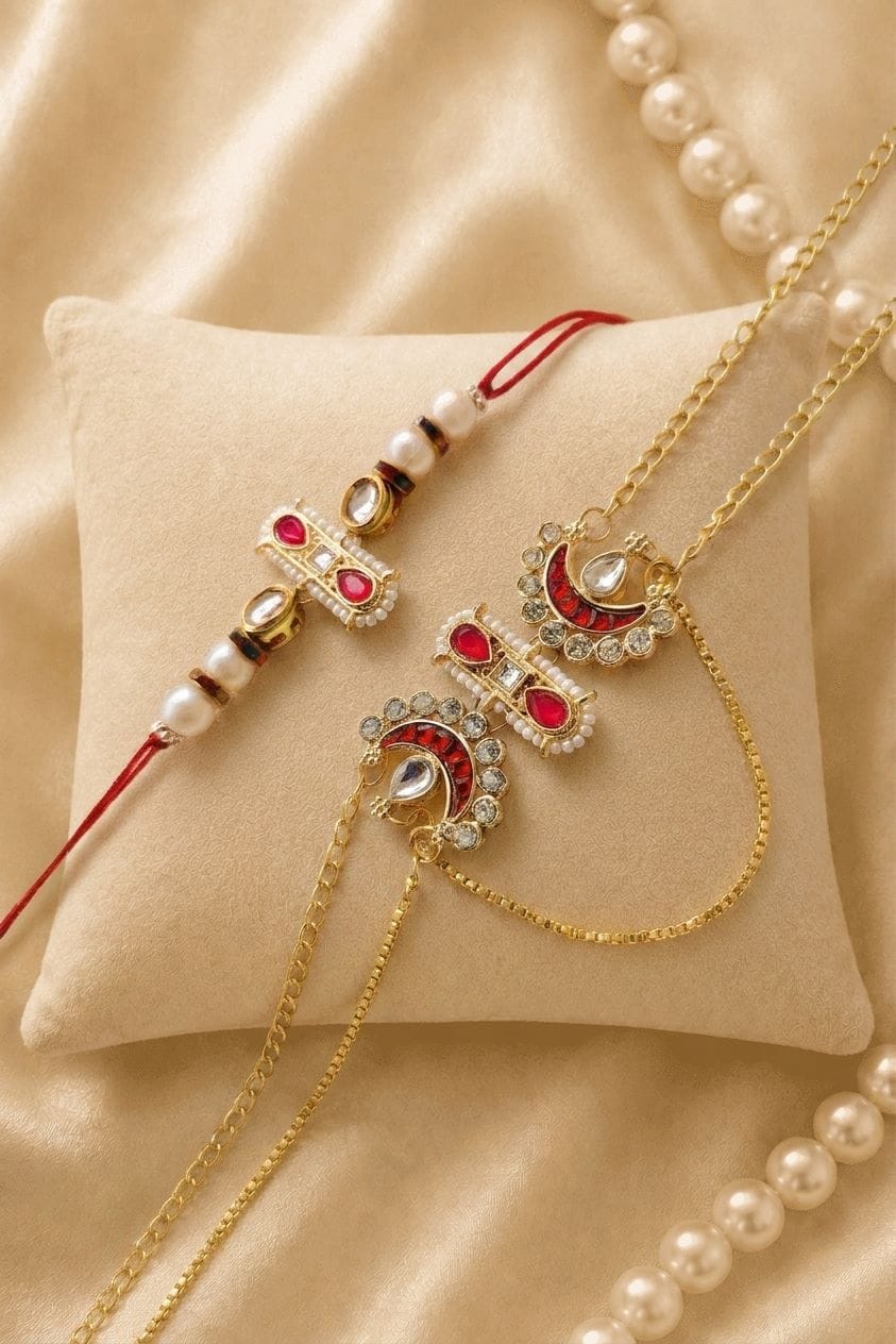 Traditional Handmade Bhaiya-Bhabhi Kundan and Pearl Bead Rakhi Set