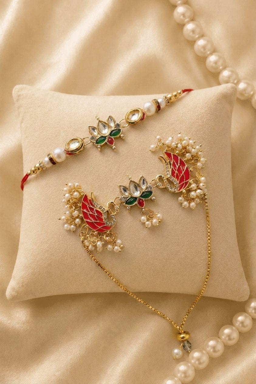 Bhaiya Bhabhi Traditional Kundan and Lumba Rakhi with Pearl Beads