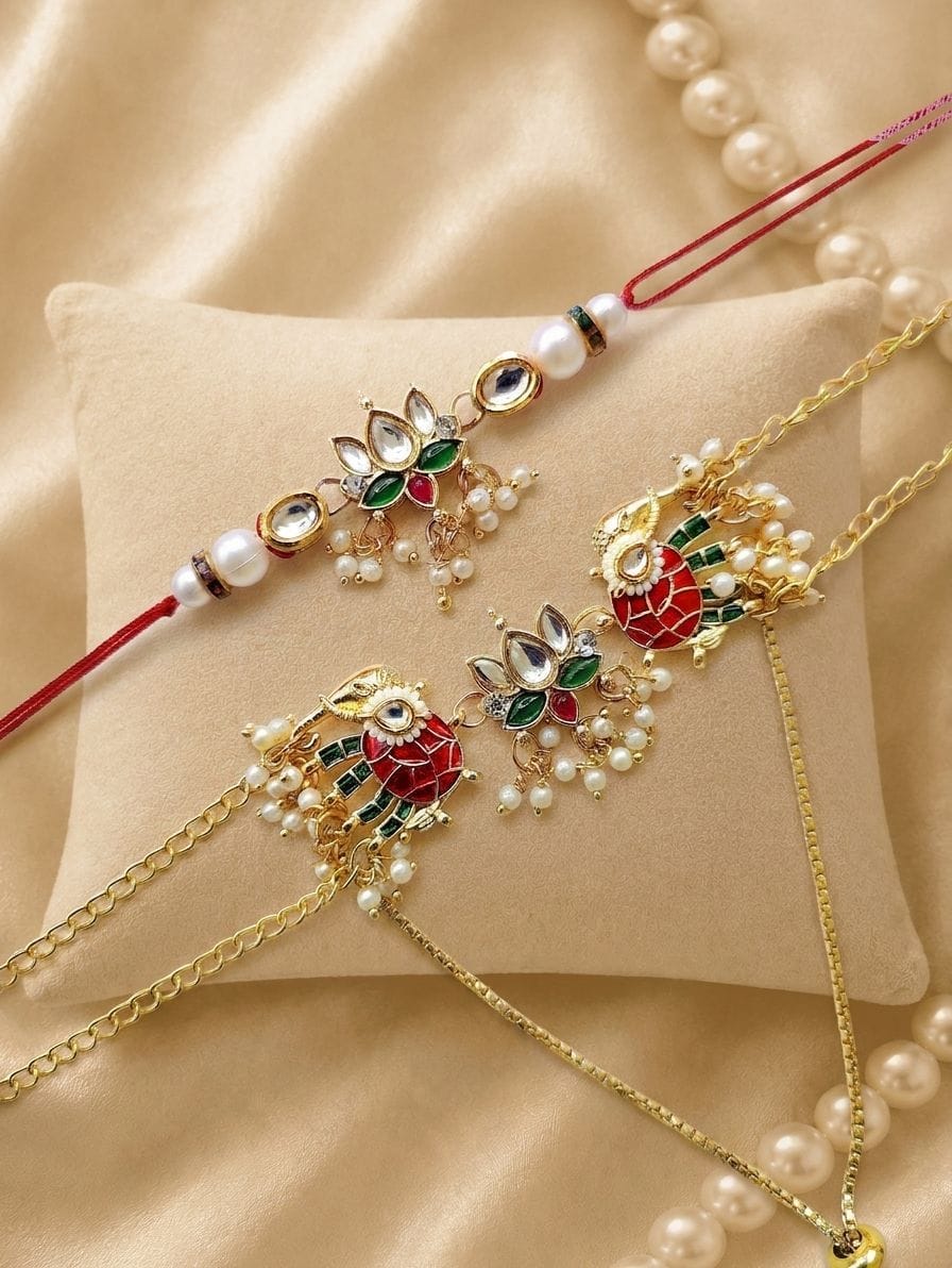 Traditional Kundan Pearl Bhaiya Bhabhi Rakhi Set for Bro & Sis-in-Law