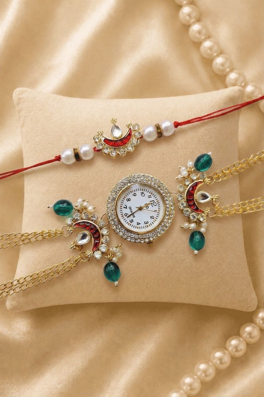 Royal Kundan & Pearl Couple Rakhi - Handmade Bhaiya-Bhabhi Lumba Rakhi