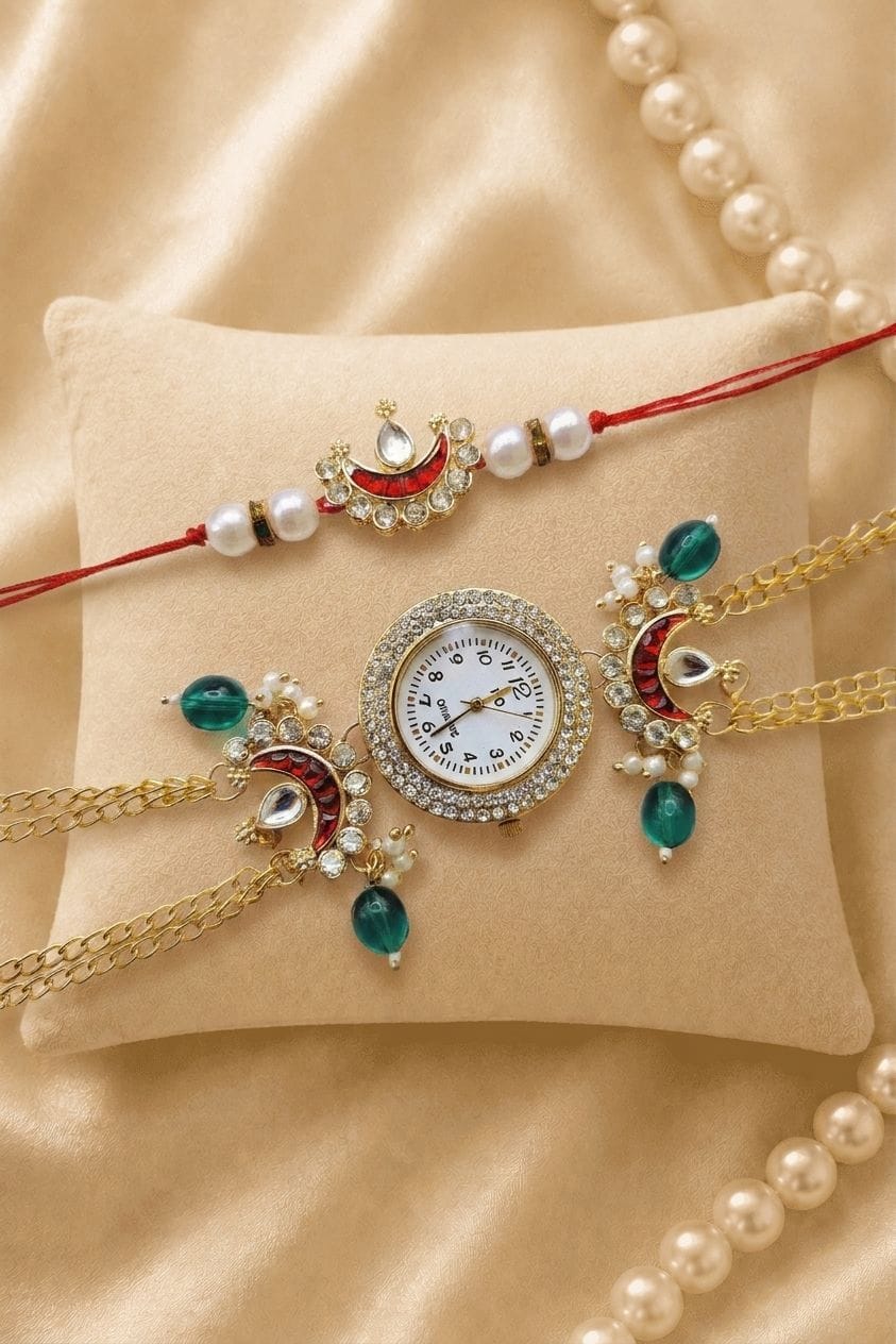 Royal Kundan & Pearl Couple Rakhi - Handmade Bhaiya-Bhabhi Lumba Rakhi