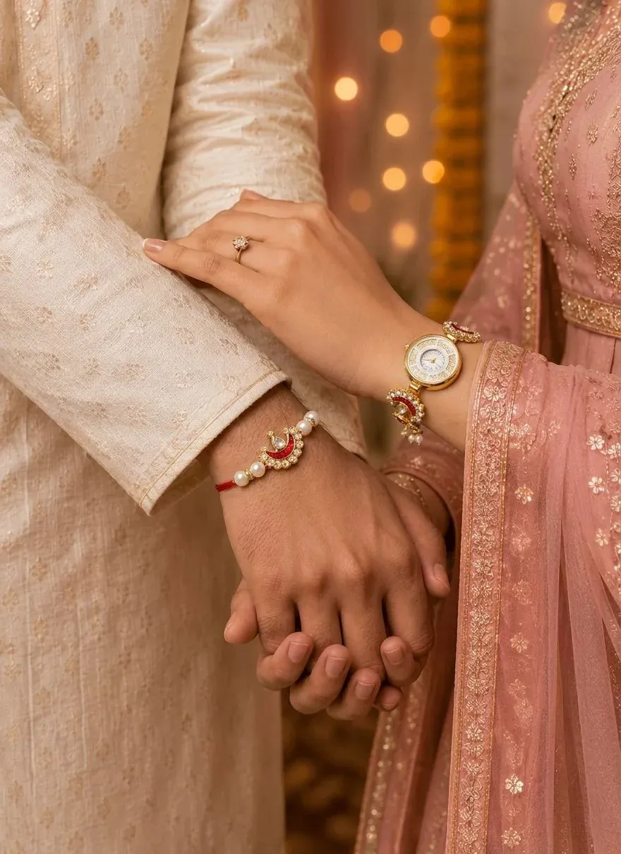 Red Crescent Moon Kundan Bhaiya Bhabhi Rakhi Set