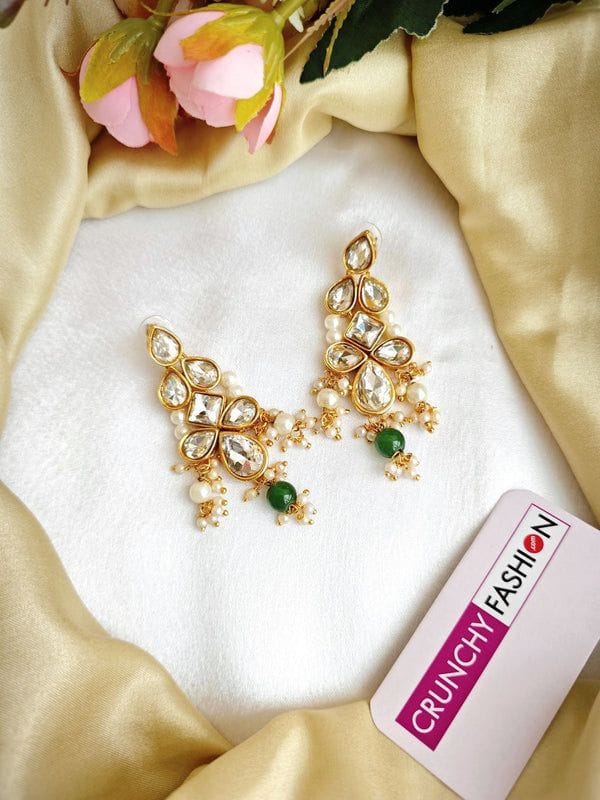 Green Pearls Party Wear Kundan Crystal Earrings for Women