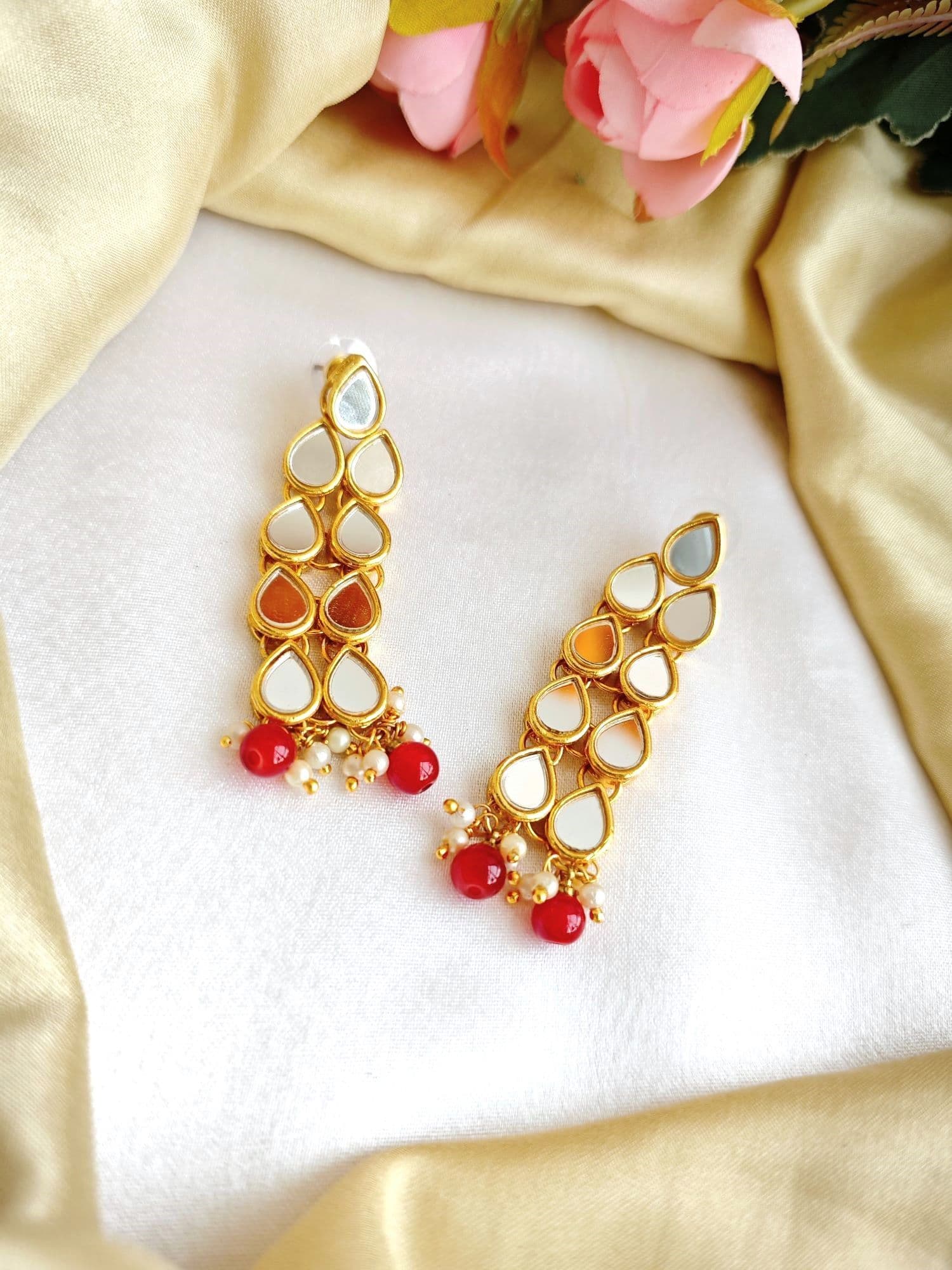 Marshala PInk Pearl Mirror Work Dangler Earrings for Women