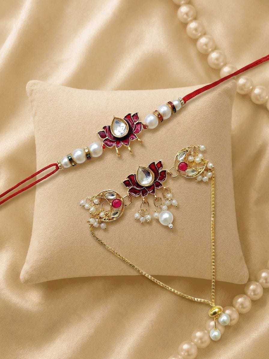 Royal Kundan Pearl: Handcrafted Lumba & Bhaiya-Bhabhi Rakhi Combo
