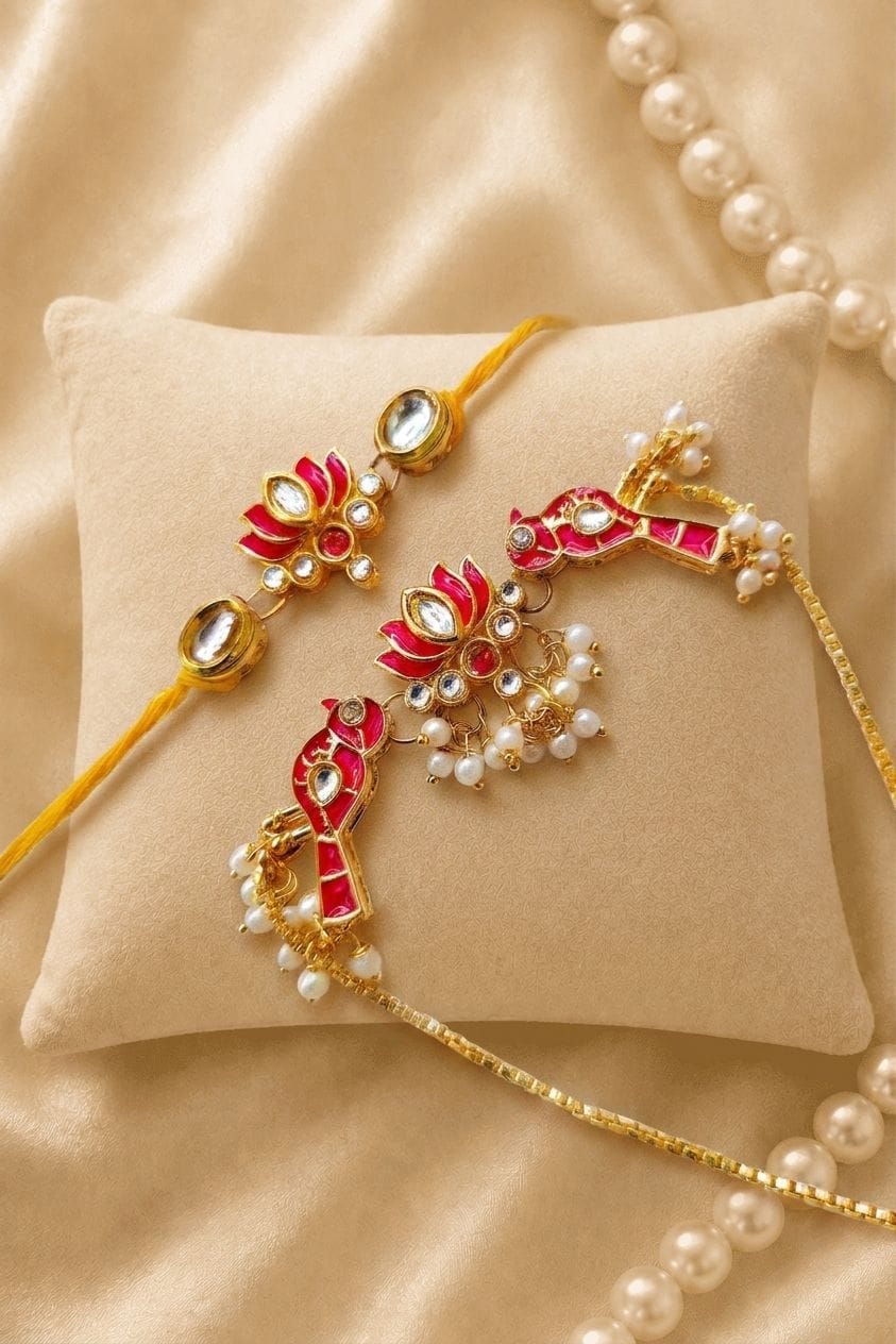 Bhaiya Bhabhi's Traditional Kundan and Lumba Rakhi Set with Pearl Beads
