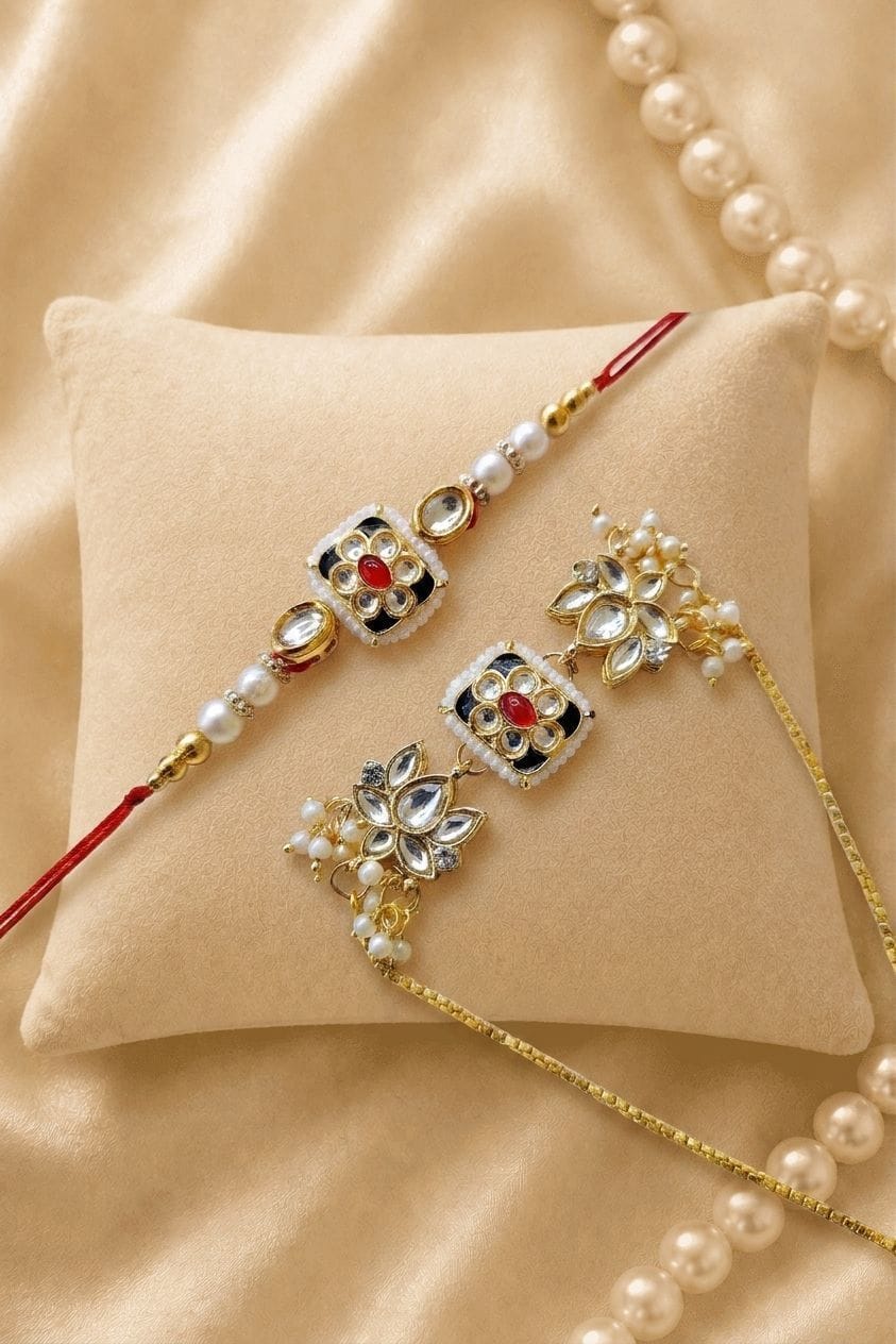Traditional Kundan & Pearl Beads: Bhaiya Bhabhi Rakhi Duo
